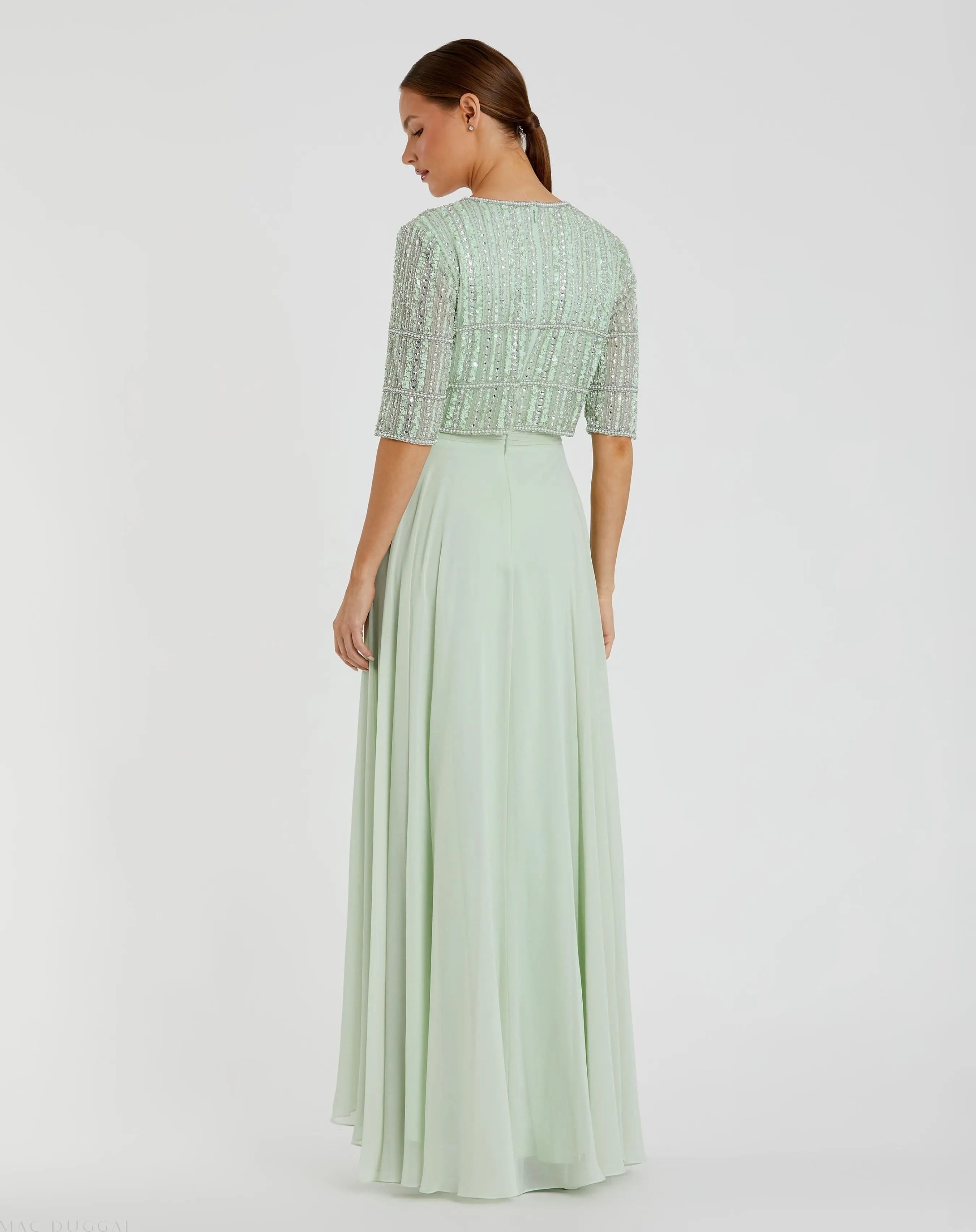Green Chiffon Gown w/ Fully Beaded 3/4 Sleeve Top - Mac Duggal