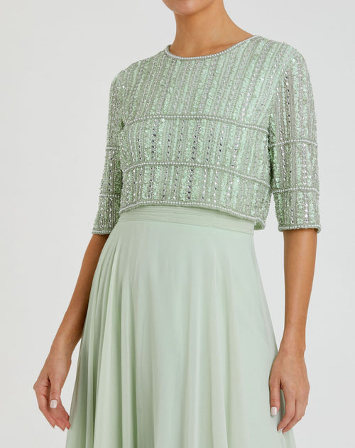 Green Chiffon Gown w/ Fully Beaded 3/4 Sleeve Top