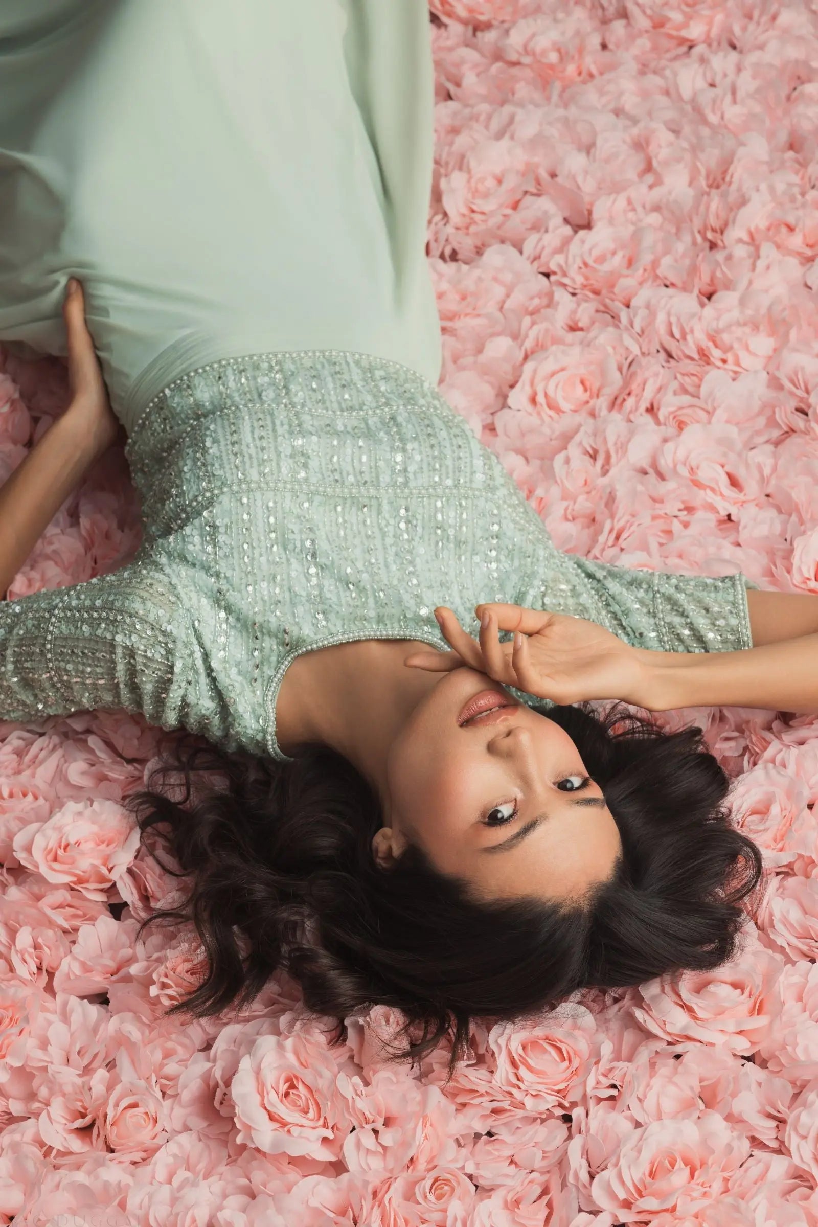 Green Chiffon Gown w/ Fully Beaded 3/4 Sleeve Top - Mac Duggal