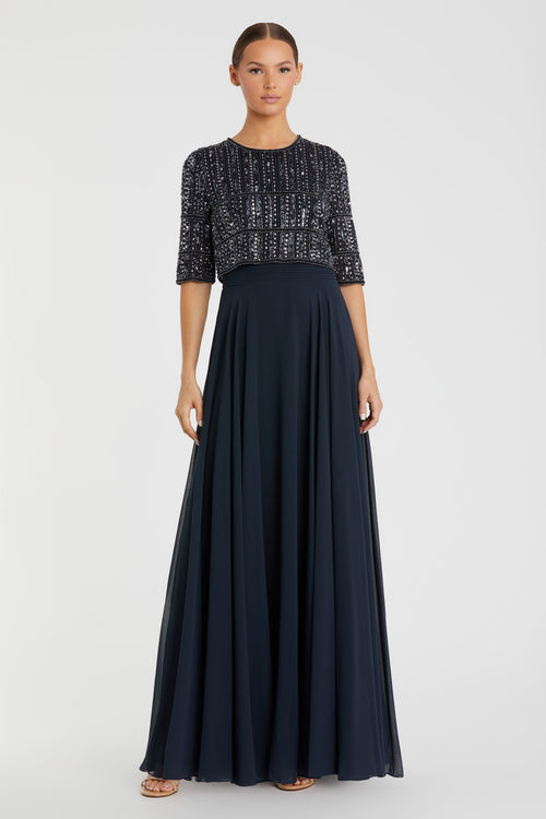 Chiffon Gown w/ Fully Beaded 3/4 Sleeve Top