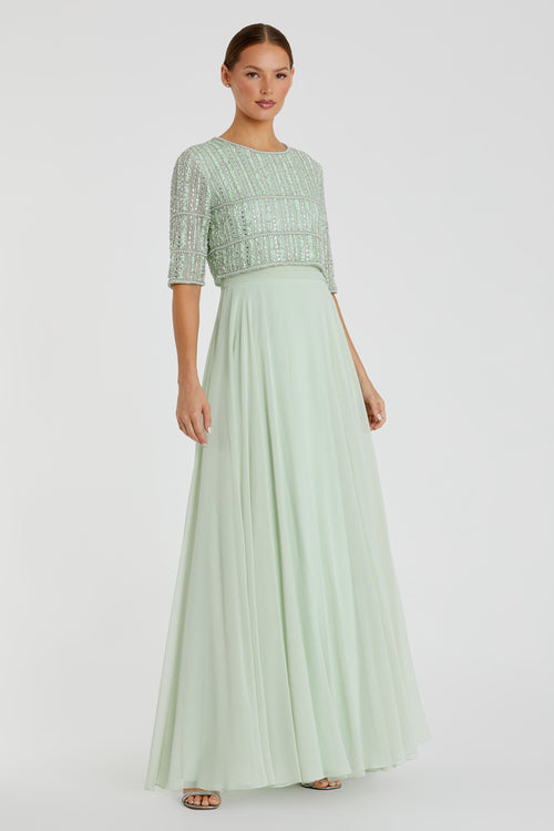 Chiffon Gown w/ Fully Beaded 3/4 Sleeve Top