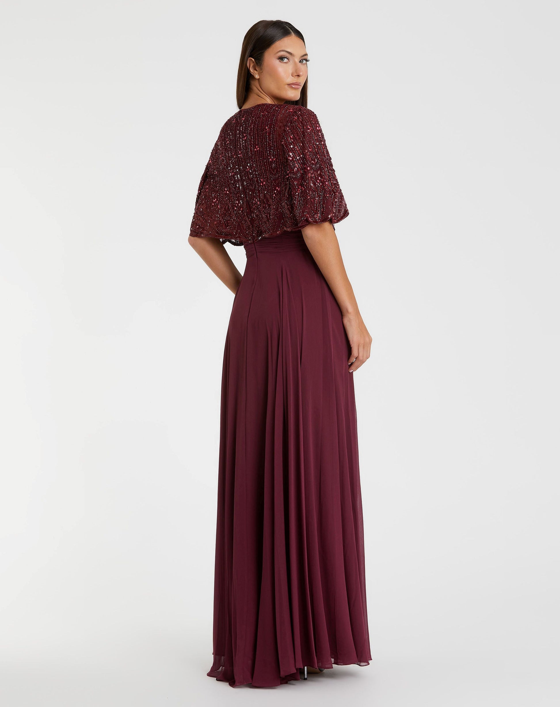 Mac Duggal - Red Beaded Cape A-Line Gown - US 8 Mac Duggal - Red Beaded Cape A-Line Gown - US 8