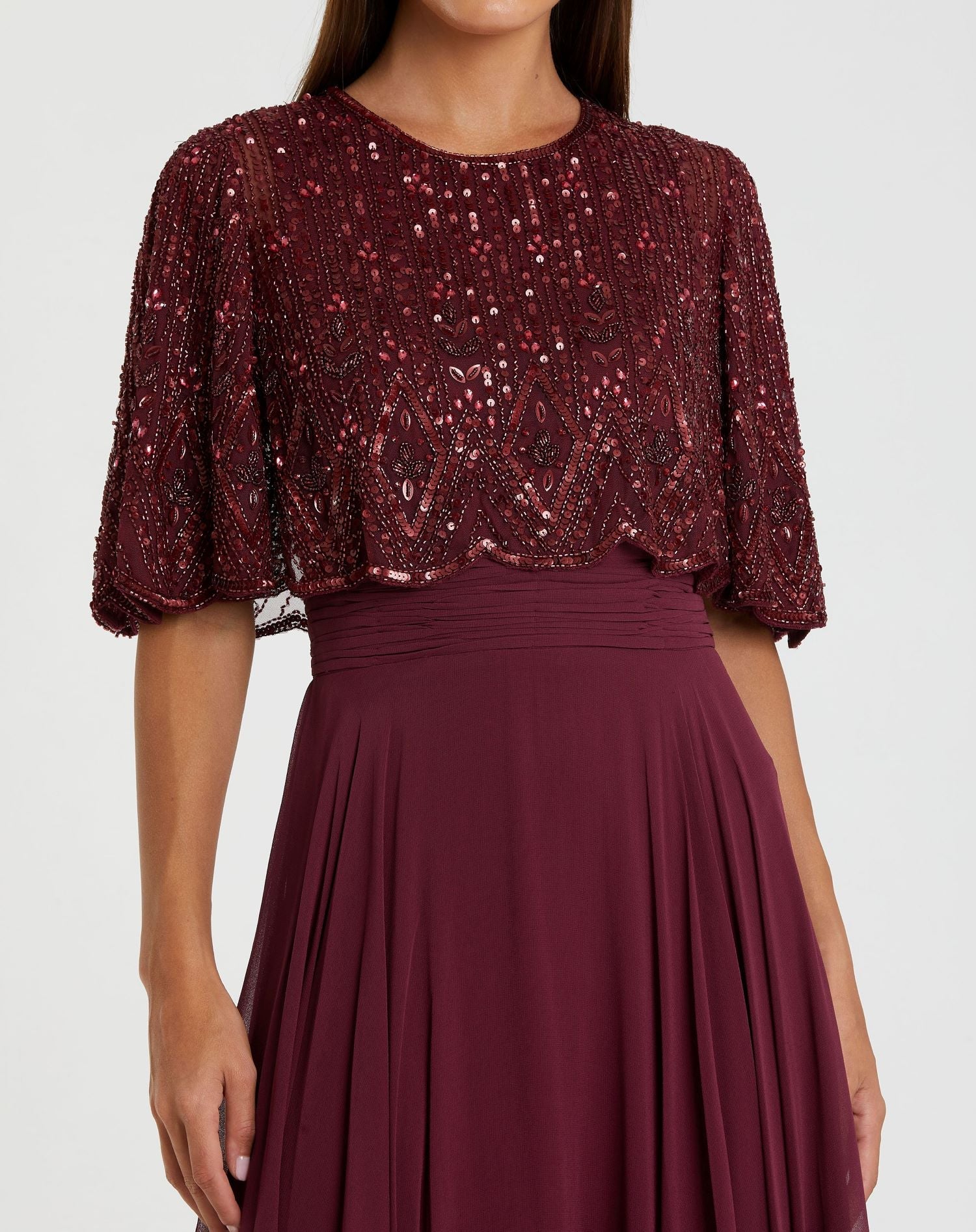 Red Beaded Cape A-Line Gown