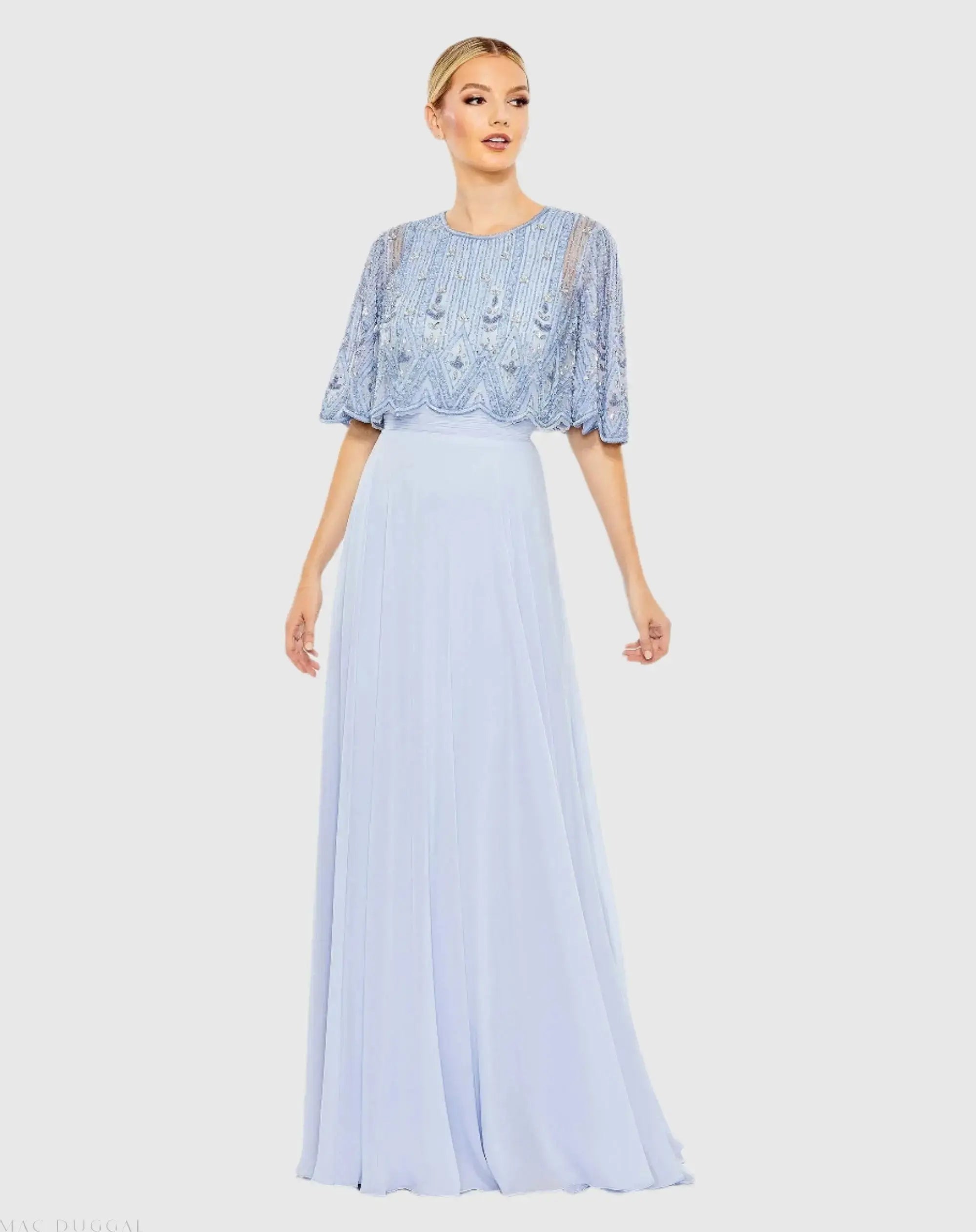 Blue Chiffon Gown w/ Fully Beaded 3/4 Sleeve Top | Mac Duggal Blue Chiffon Gown w/ Fully Beaded 3/4 Sleeve Top | Mac Duggal