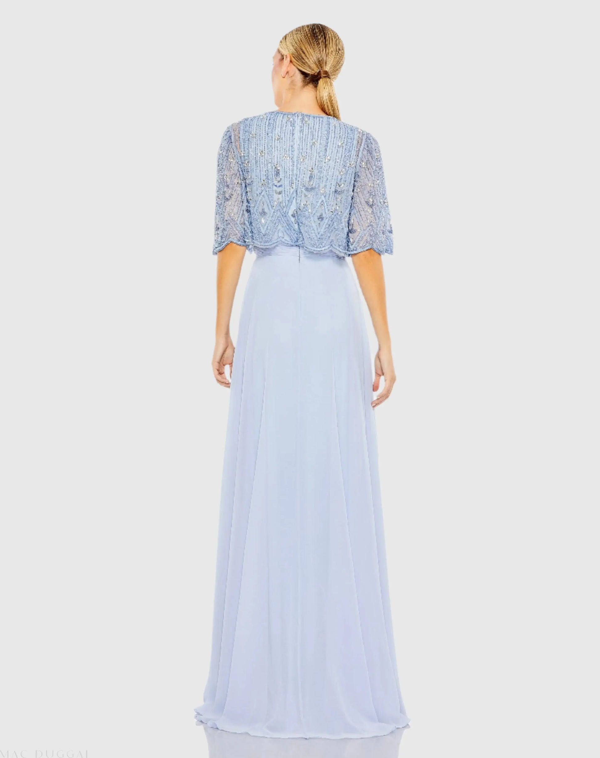 Blue Beaded Overlay A-Line Gown | Mac Duggal Blue Beaded Overlay A-Line Gown | Mac Duggal