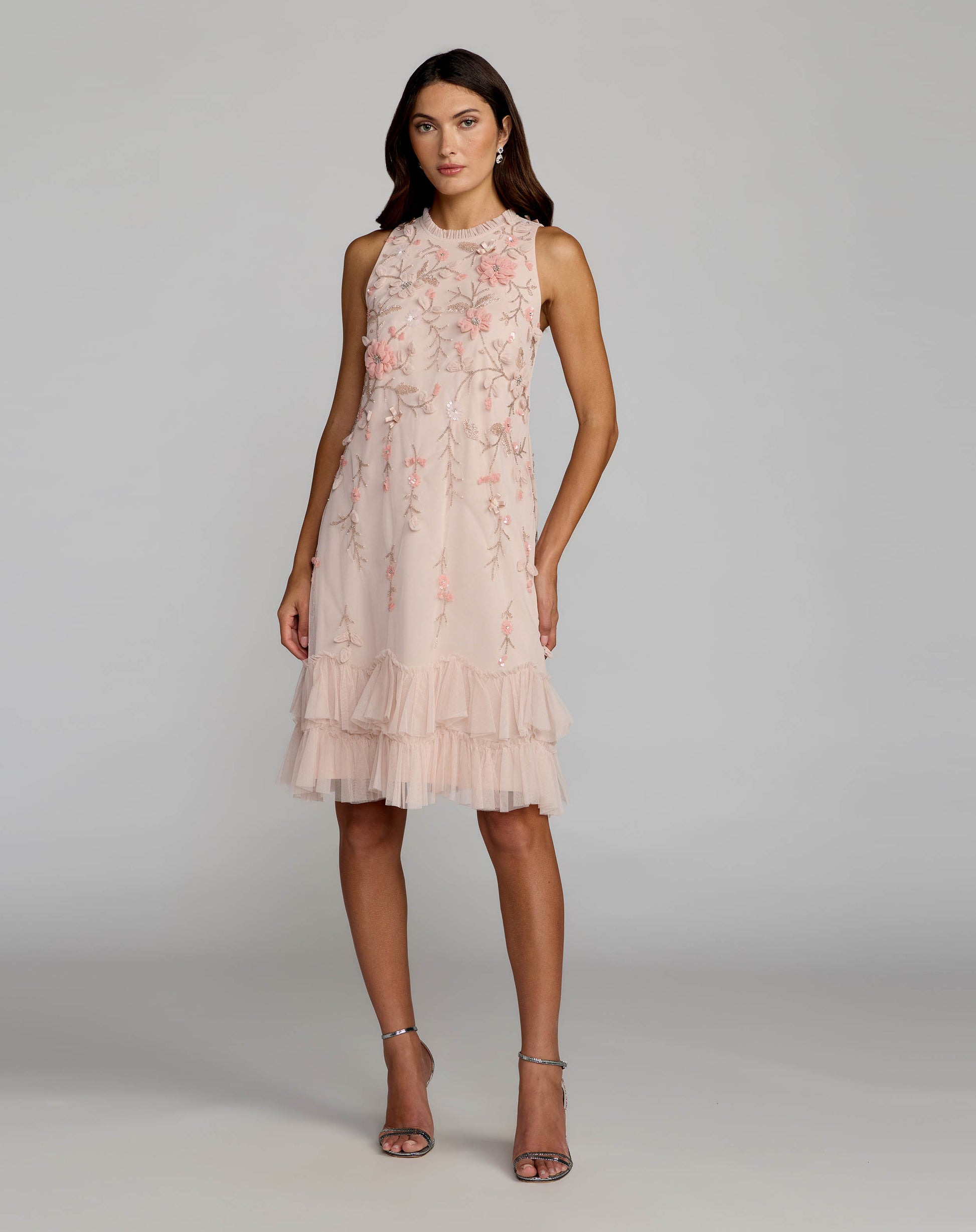 Pink Embellished Ruffle Tiered High Neck Floral Dress Mac Duggal