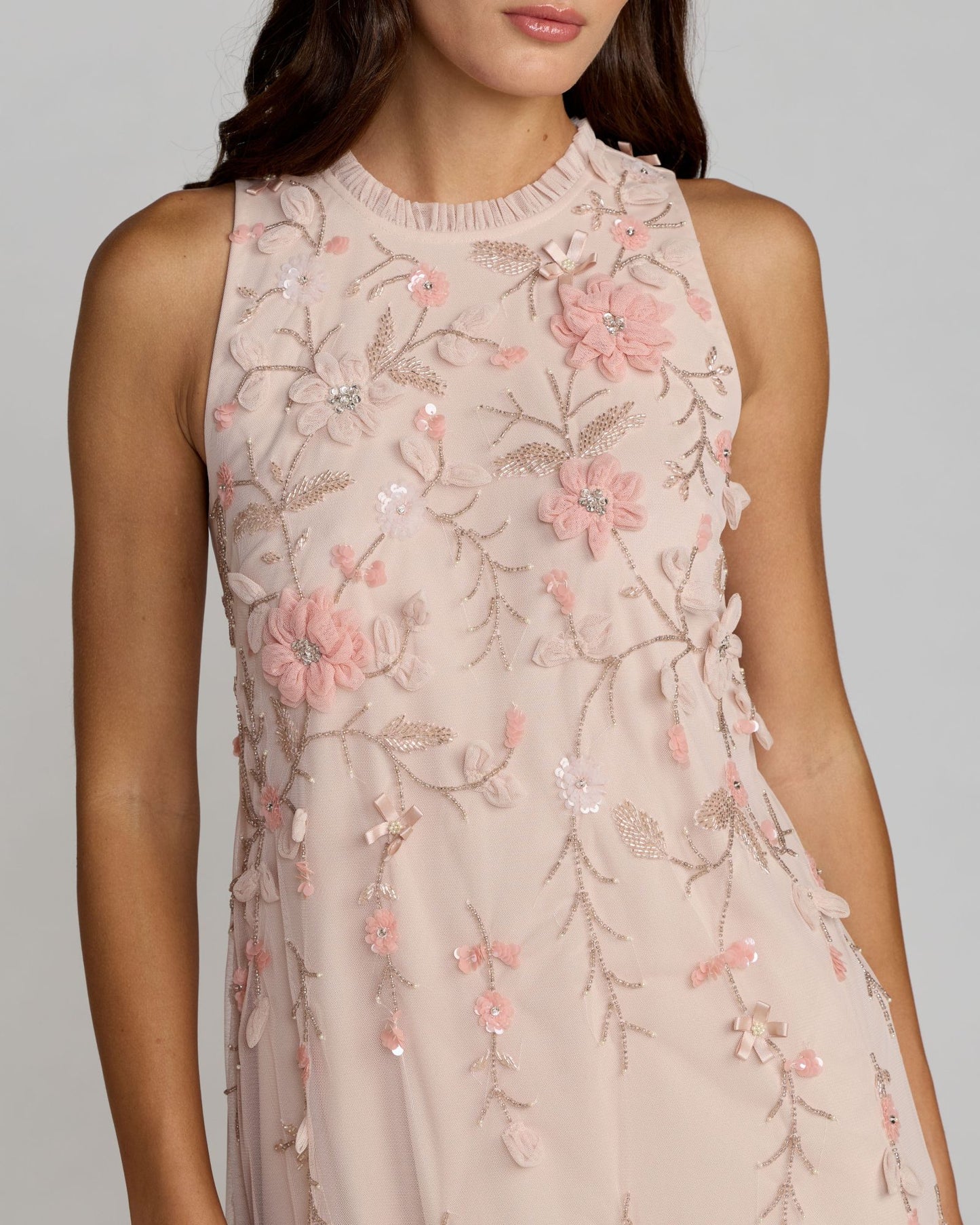 Pink Embellished Ruffle Tiered High Neck Floral Dress Mac Duggal
