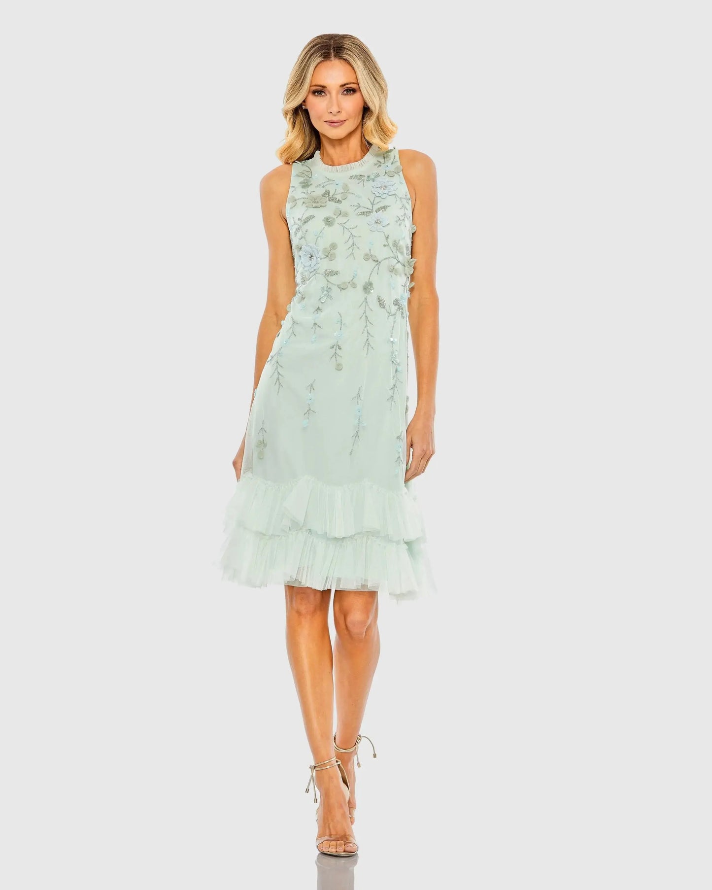 Green Embellished Ruffle Tiered High Neck Floral Dress | Mac Duggal Green Embellished Ruffle Tiered High Neck Floral Dress | Mac Duggal