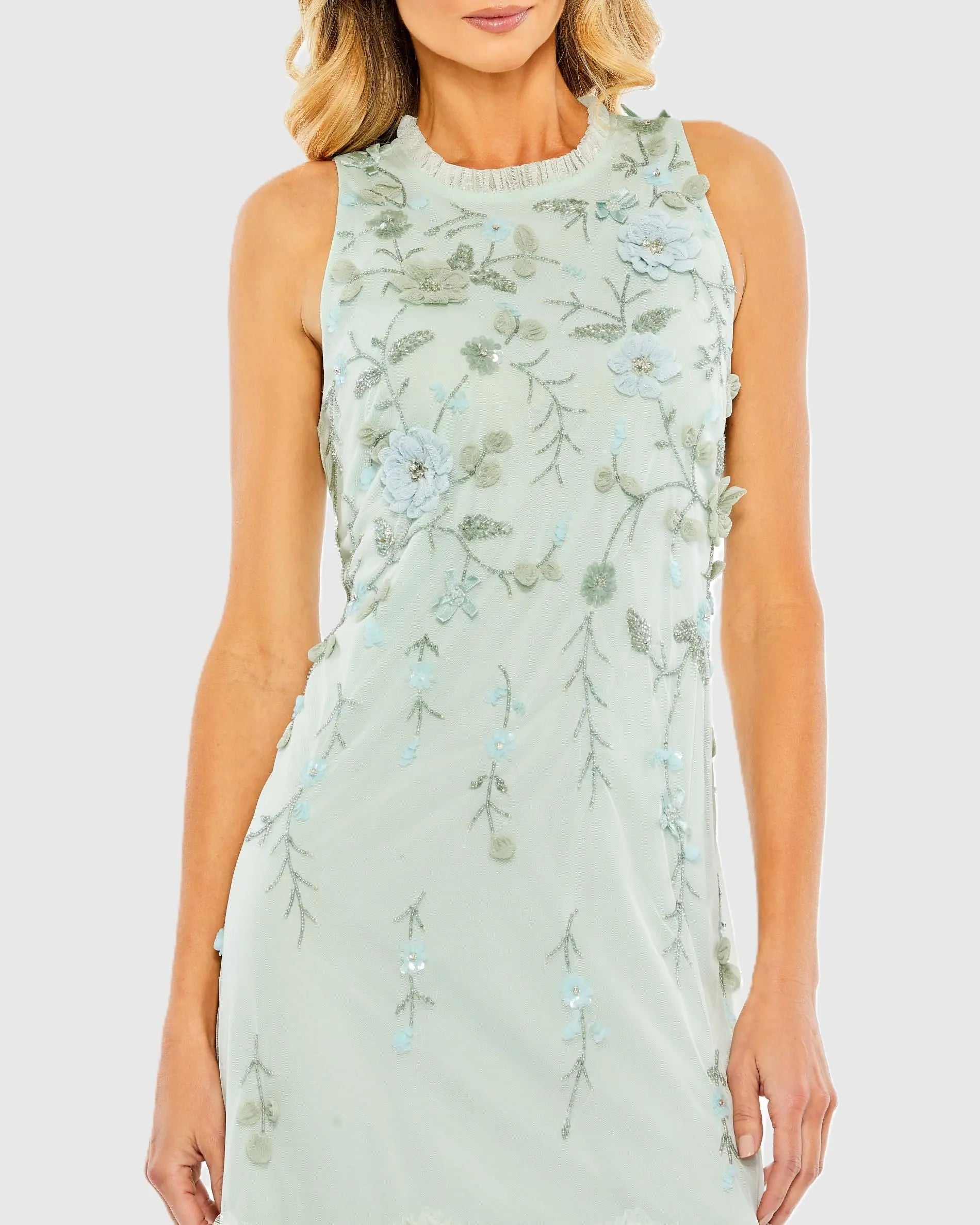 Mac Duggal Embellished High Neck Tiered Floral Dress - Seafoam Mac Duggal Embellished High Neck Tiered Floral Dress - Seafoam