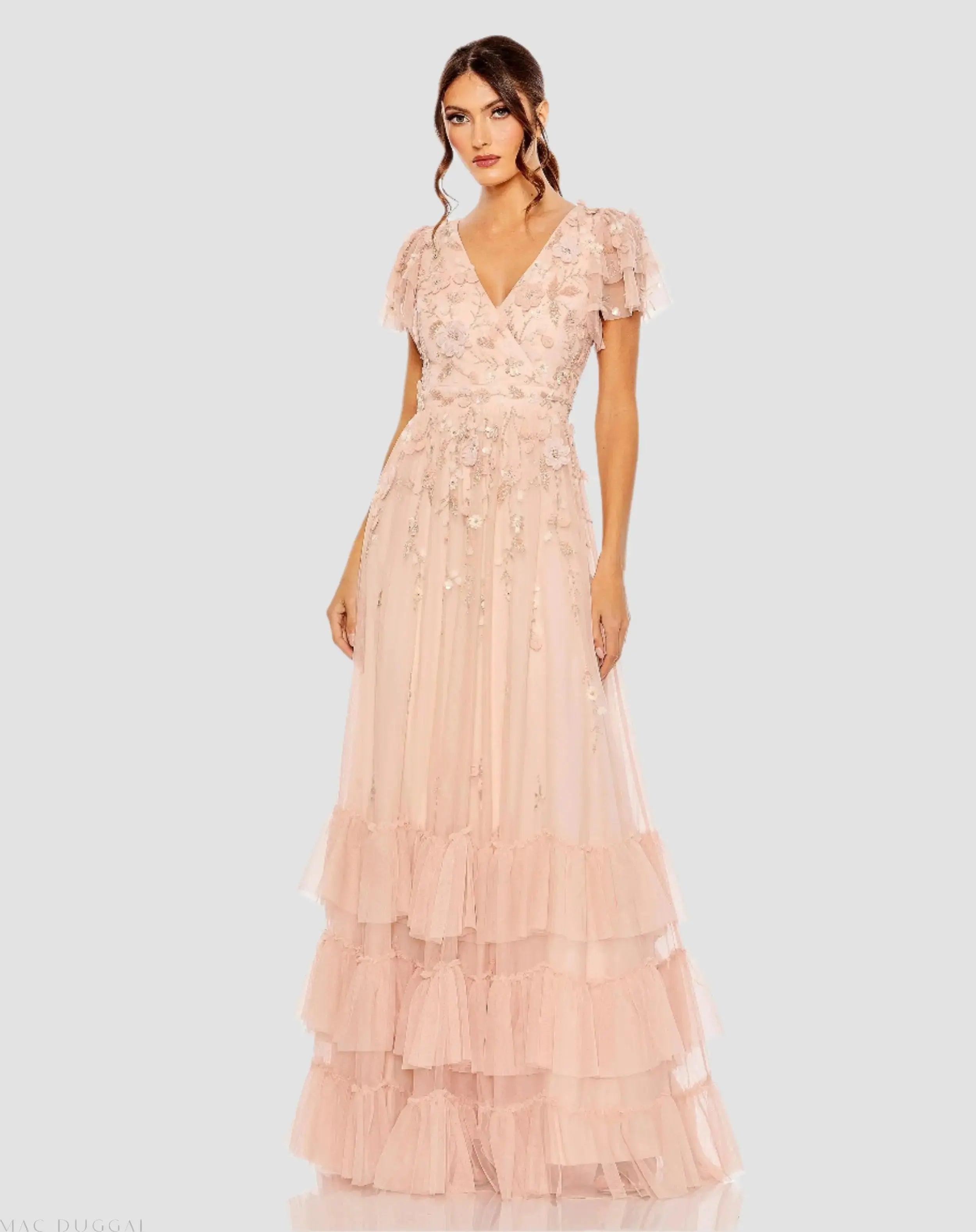 Light Pink Floral Embellished Flutter Sleeve A-Line Gown | Mac Duggal Light Pink Floral Embellished Flutter Sleeve A-Line Gown | Mac Duggal