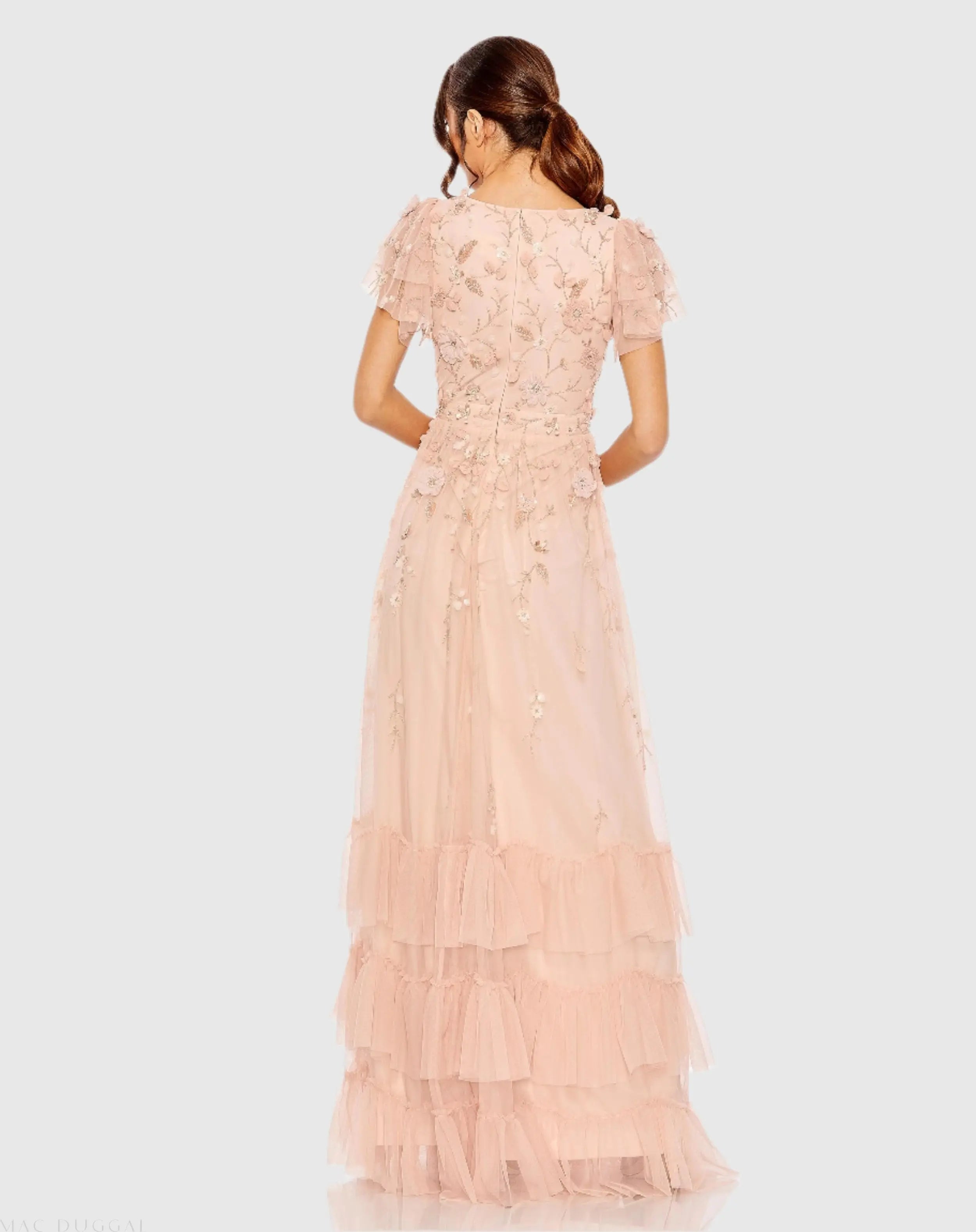 Pink Ruffle Tiered Embellished Faux Wrap Flutter Sleeve Gown - Mac Duggal