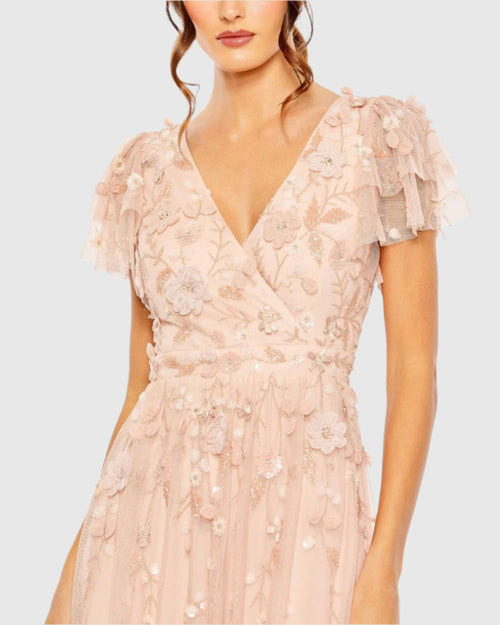 Pink Ruffle Tiered Embellished Faux Wrap Flutter Sleeve Gown