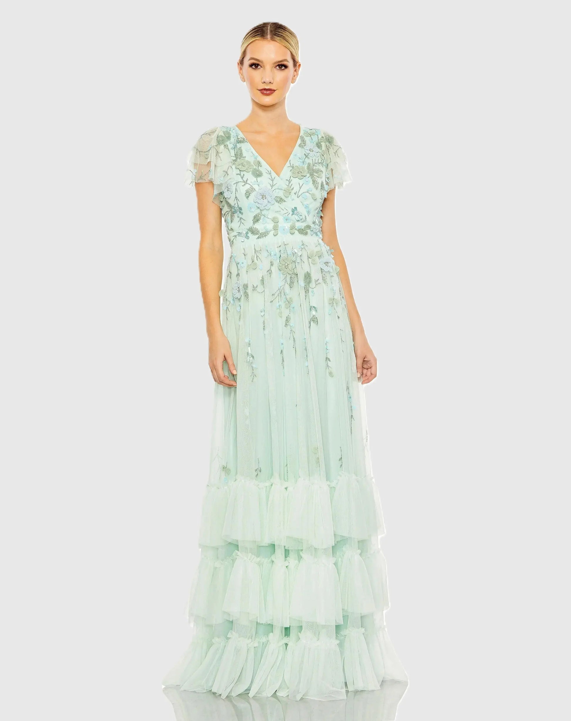 Green Ruffle Tiered Embellished Faux Wrap Flutter Sleeve Gown - Mac Mac Duggal Green Ruffle Tiered Embellished Faux Wrap Flutter Sleeve Gown - Mac Mac Duggal