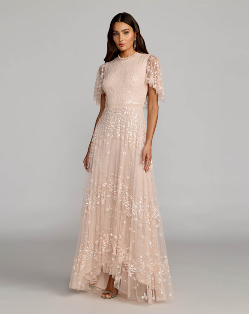 Pink Sequined High Neck Flutter Sleeve A Line Gown - Mac Duggal