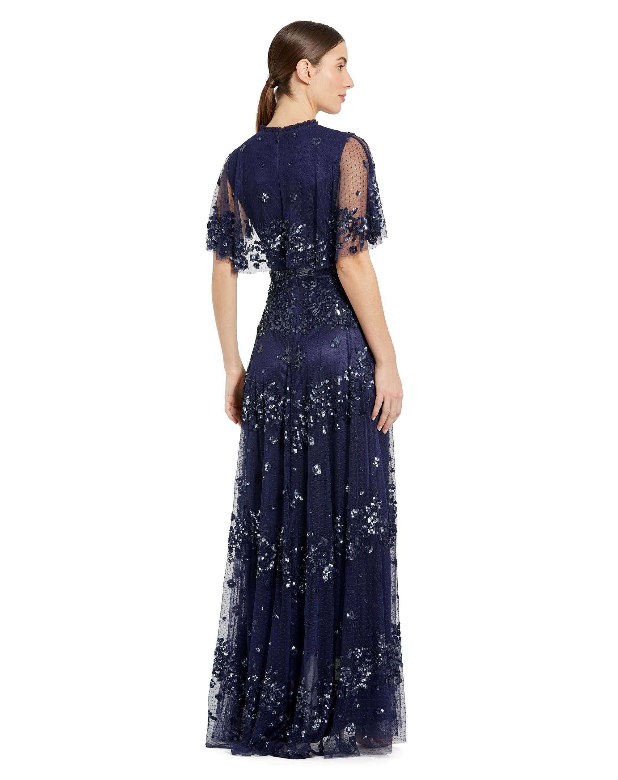 Sequined High Neck Flutter Sleeve A Line Gown