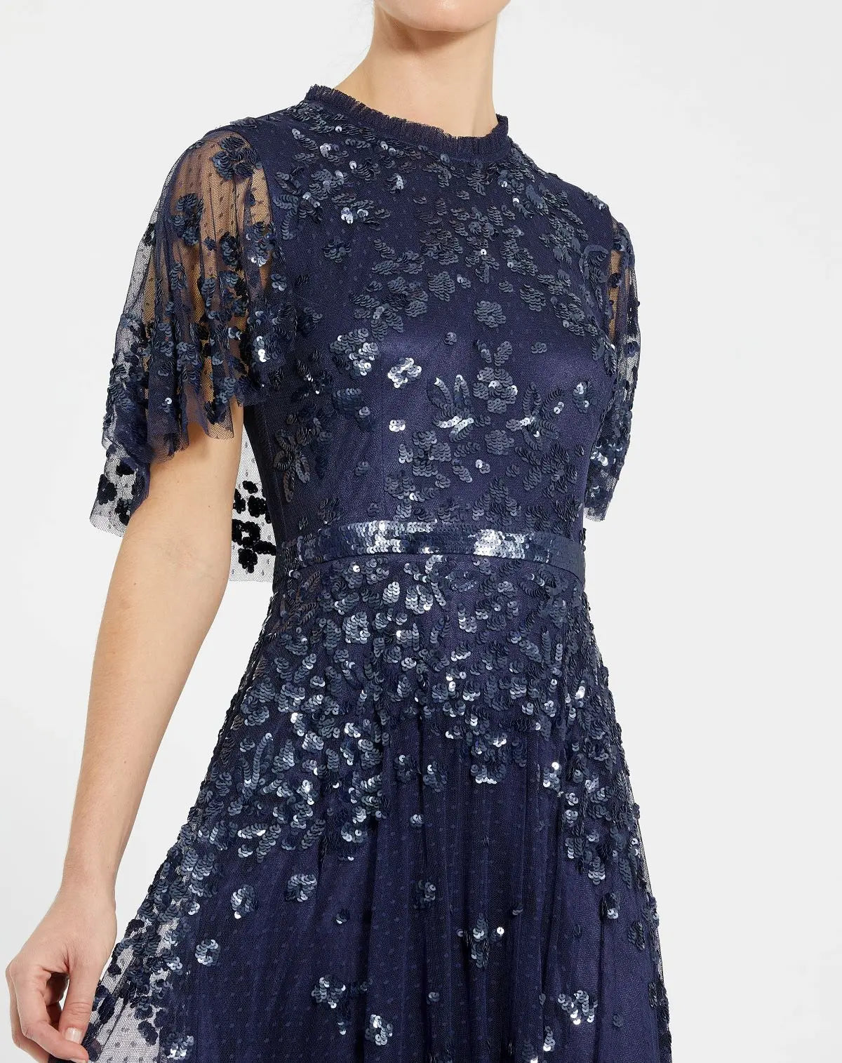 Navy Sequined High Neck Flutter Sleeve A Line Gown - Mac Duggal
