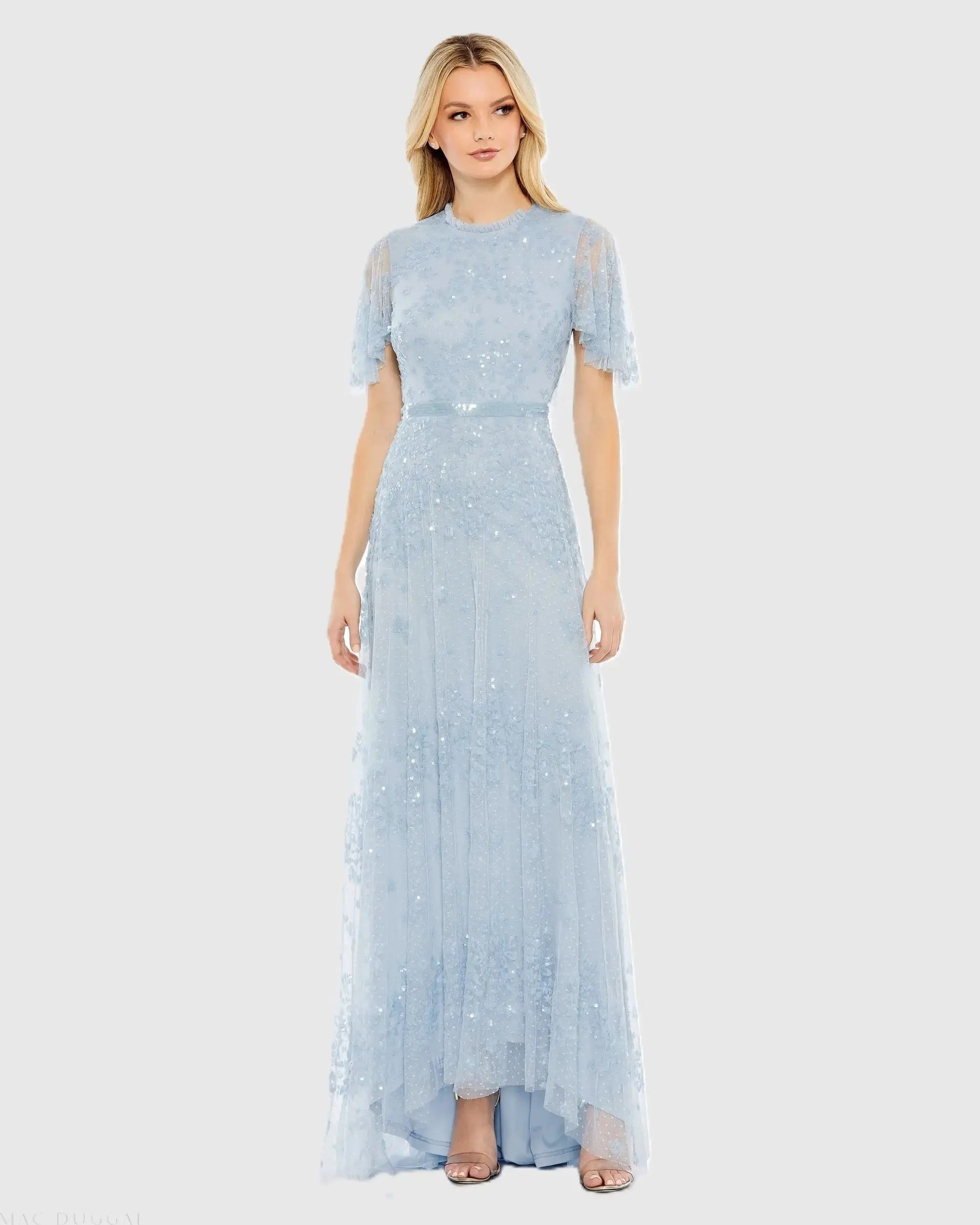 Mac Duggal Women's Sequined High Neck Flutter Sleeve A Line Gown - Blue - Size 10