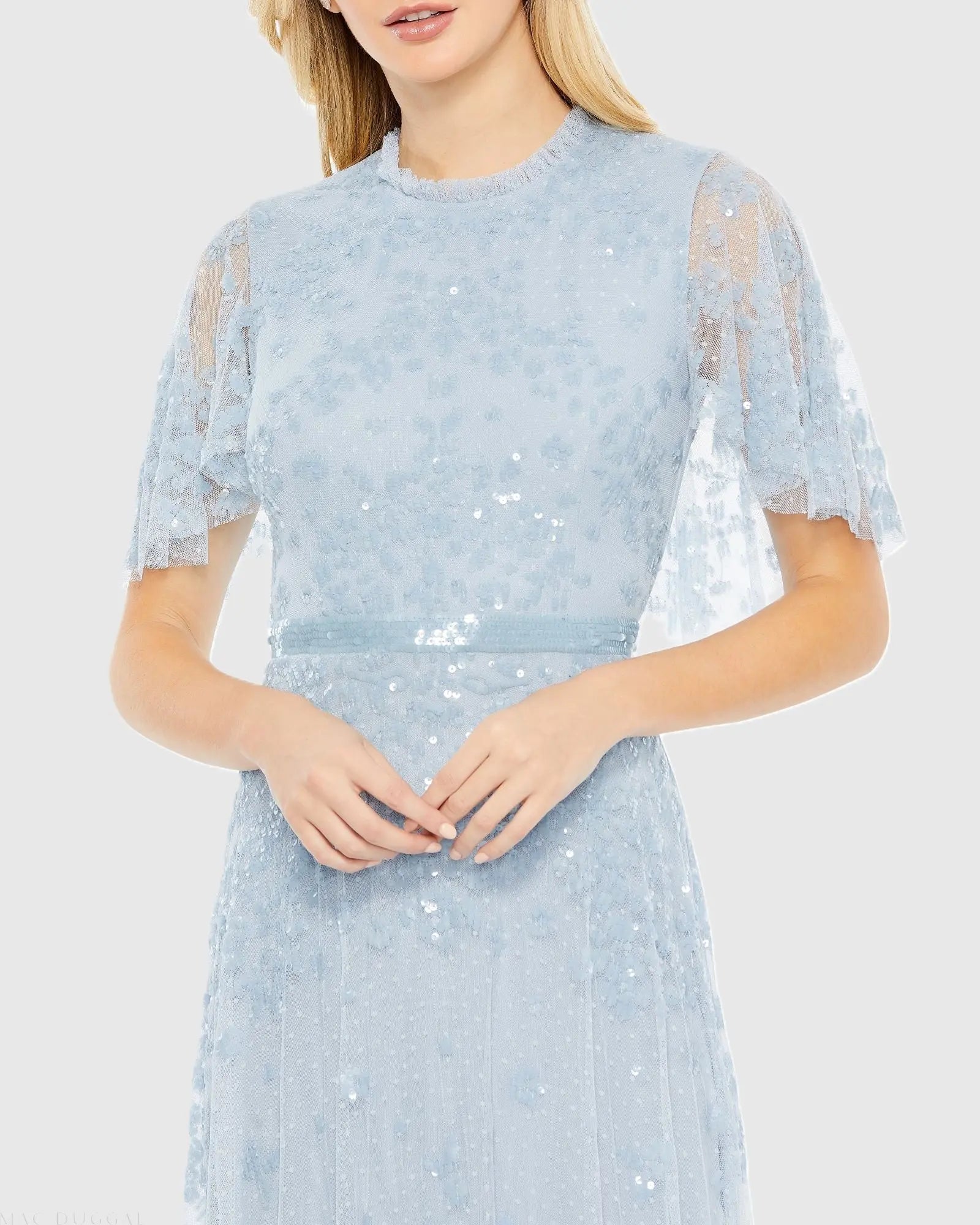 Sequined High Neck Flutter Sleeve A Line Gown