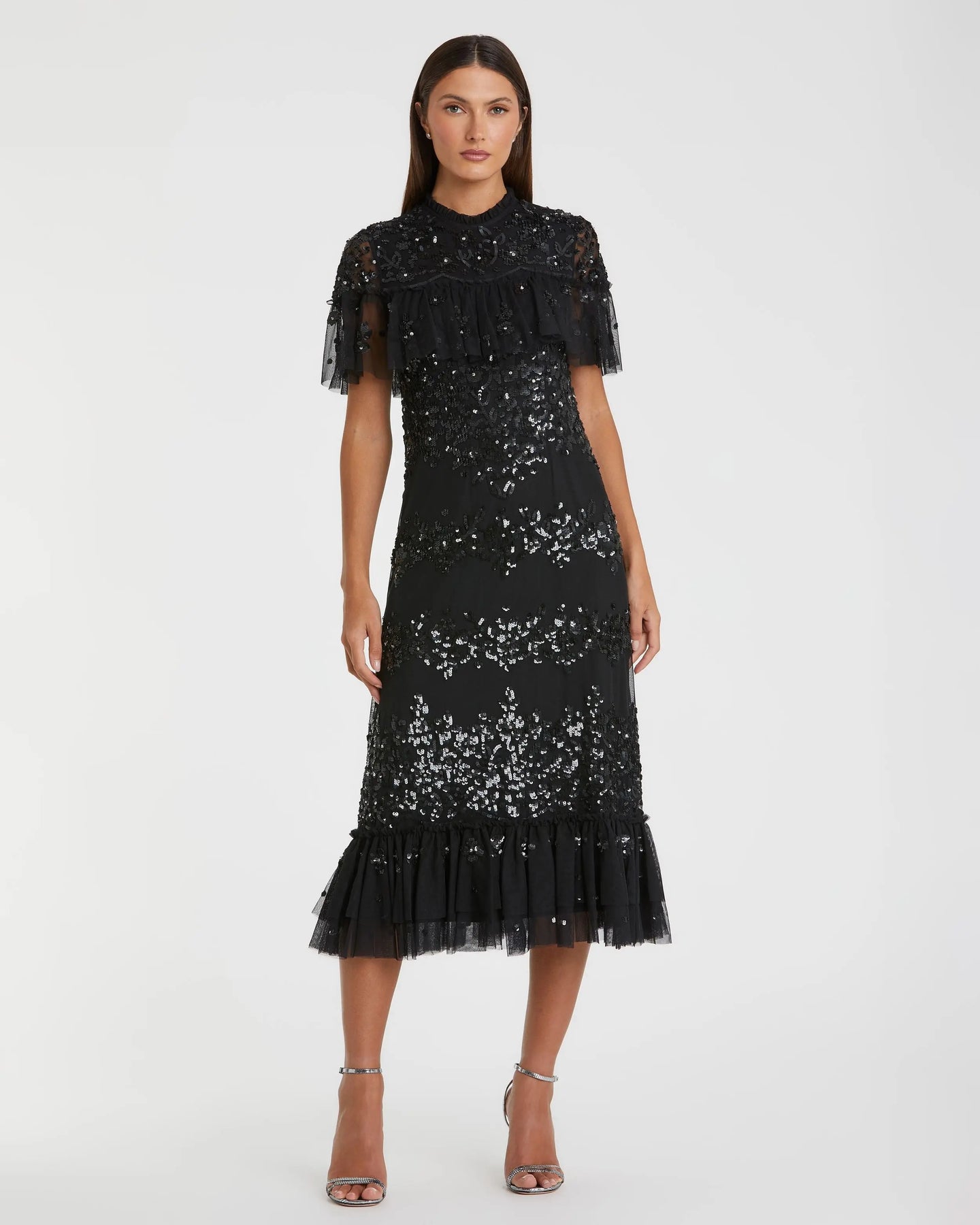 Sequined High Neck Ruffled Flutter Sleeve Midi Dress – Mac Duggal