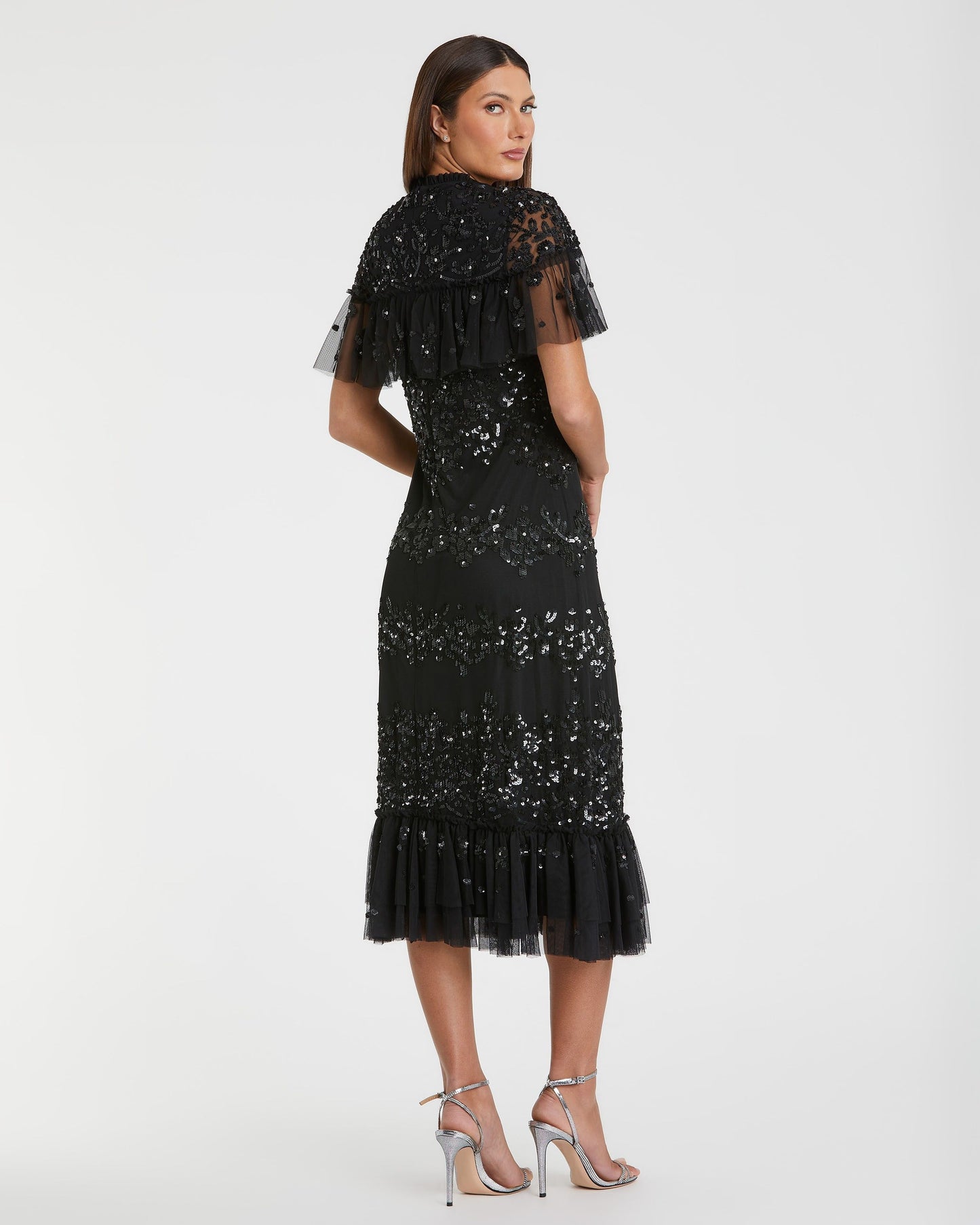 Sequined High Neck Ruffled Flutter Sleeve Midi Dress