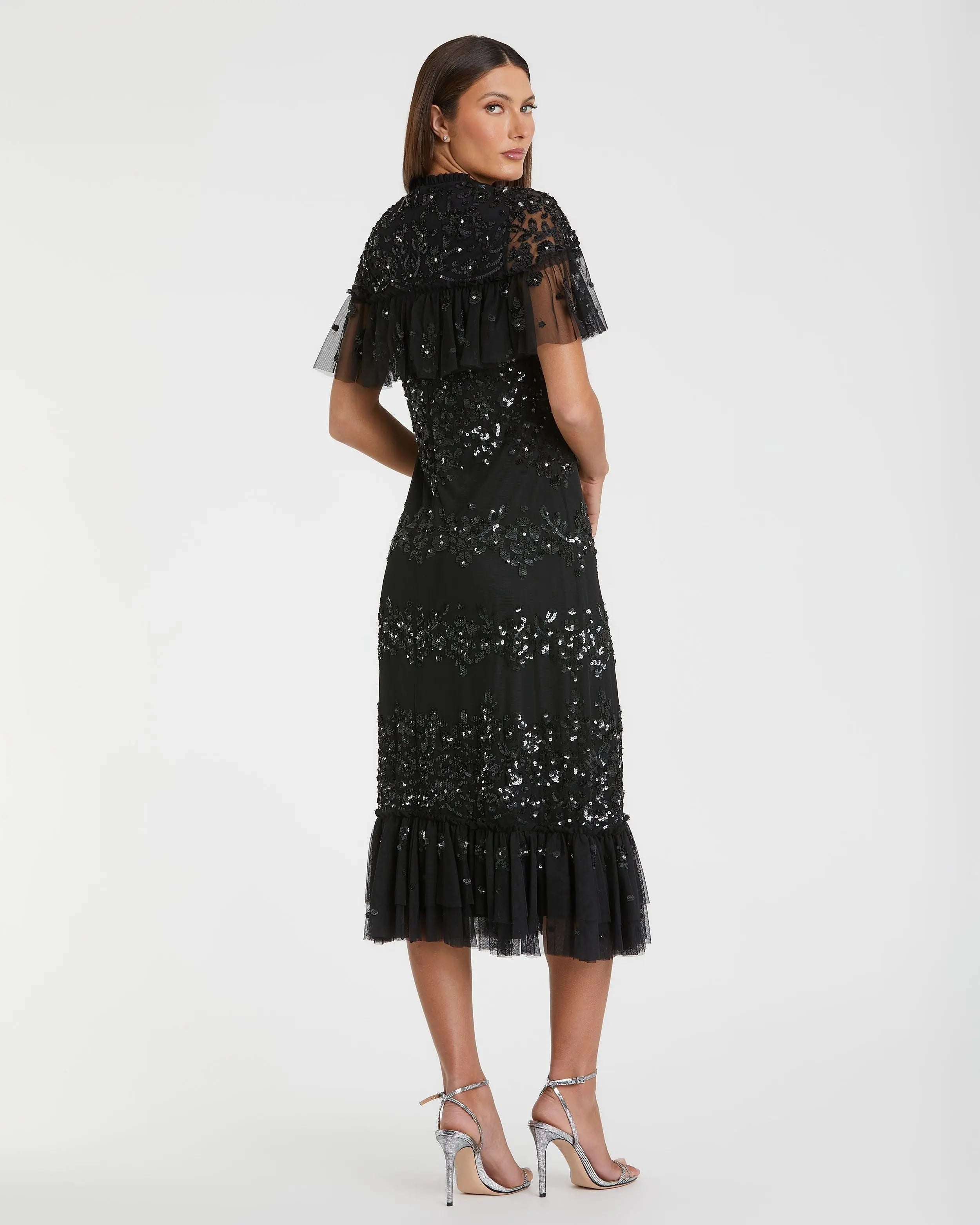 Black Sequined High Neck Ruffled Flutter Sleeve Midi Dress - Mac Duggal