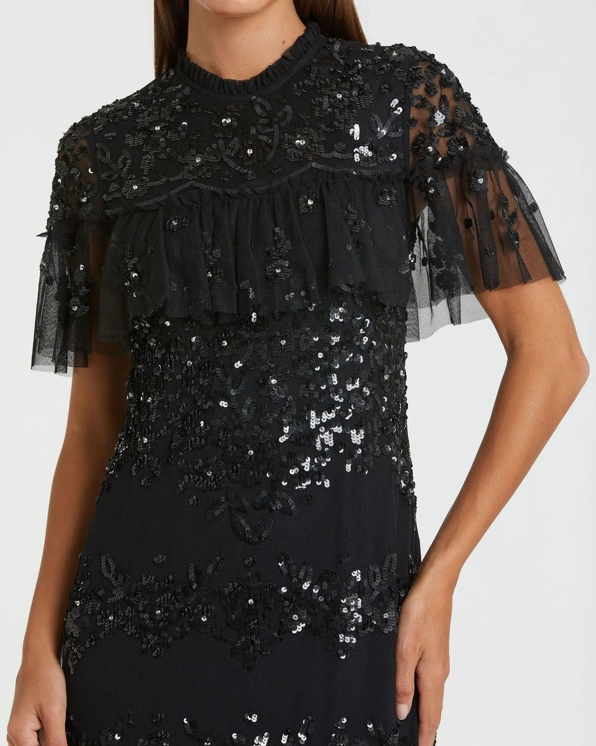 Black Sequined High Neck Ruffled Midi Dress | Mac Duggal