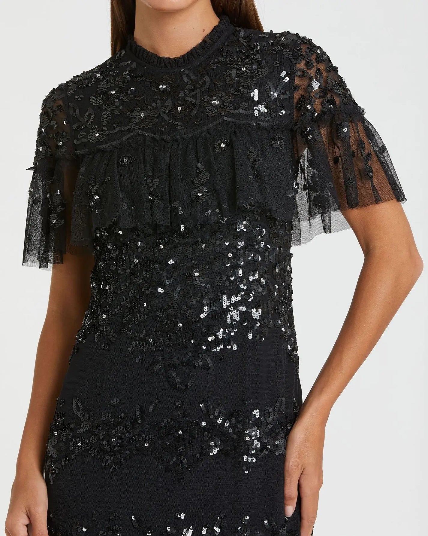 Black Sequined High Neck Ruffled Midi Dress | Mac Duggal