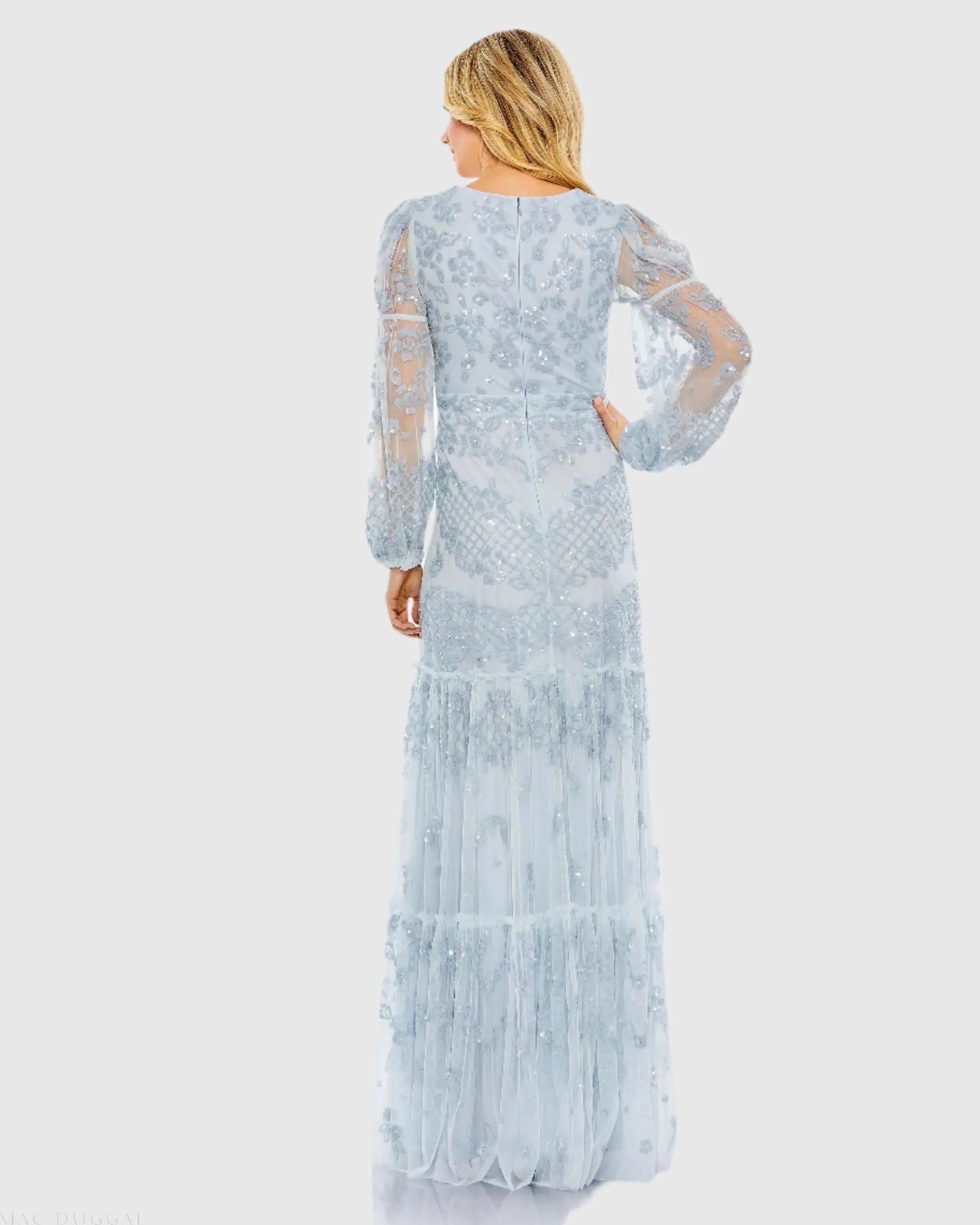 Blue Sequined Tiered Wrap Over Puff Sleeve Gown - Mac Duggal