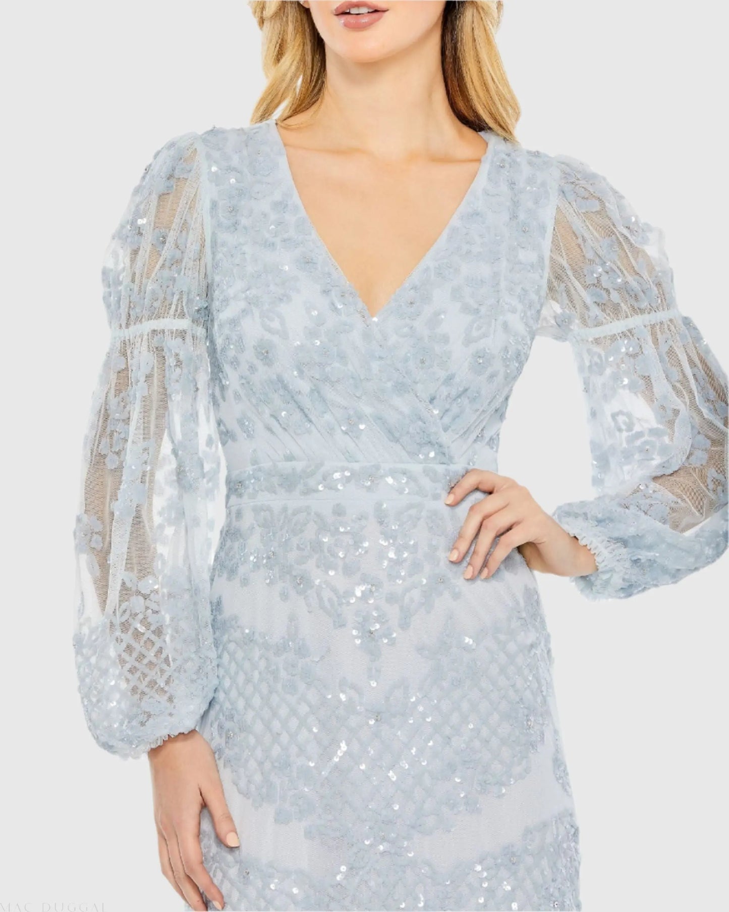 Blue Sequined Tiered Wrap Over Puff Sleeve Gown - Mac Duggal