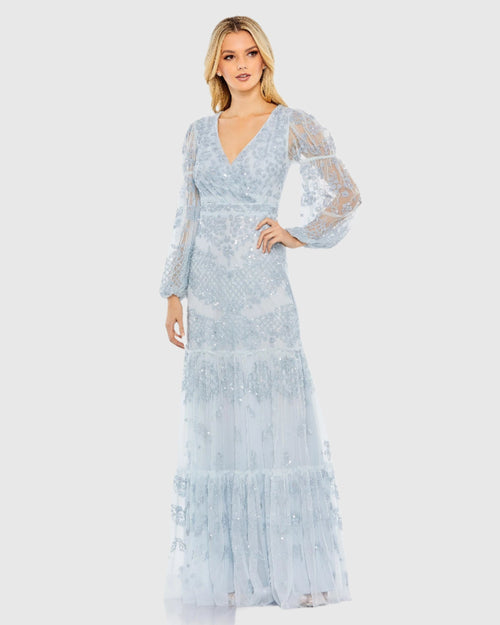 Sequined Tiered Wrap Over Puff Sleeve Gown