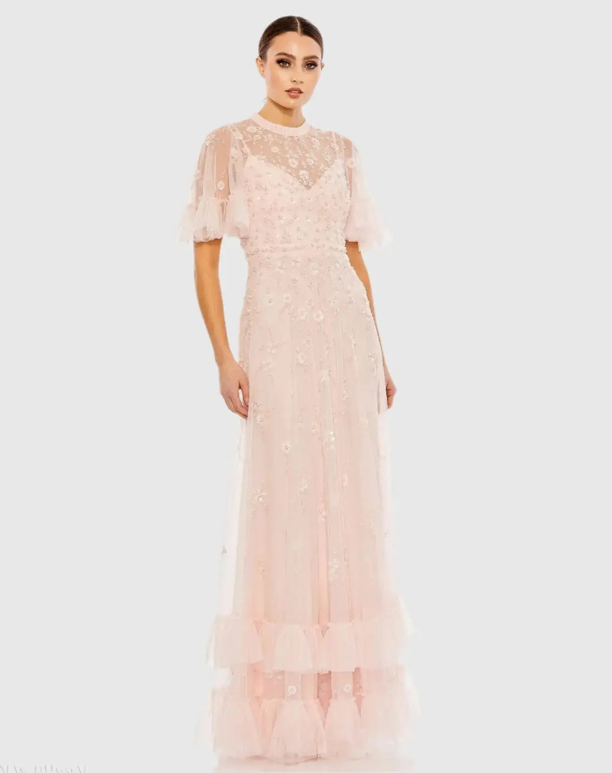 Light Pink Floral Embellished Flutter Sleeve A-Line Gown | Mac Duggal