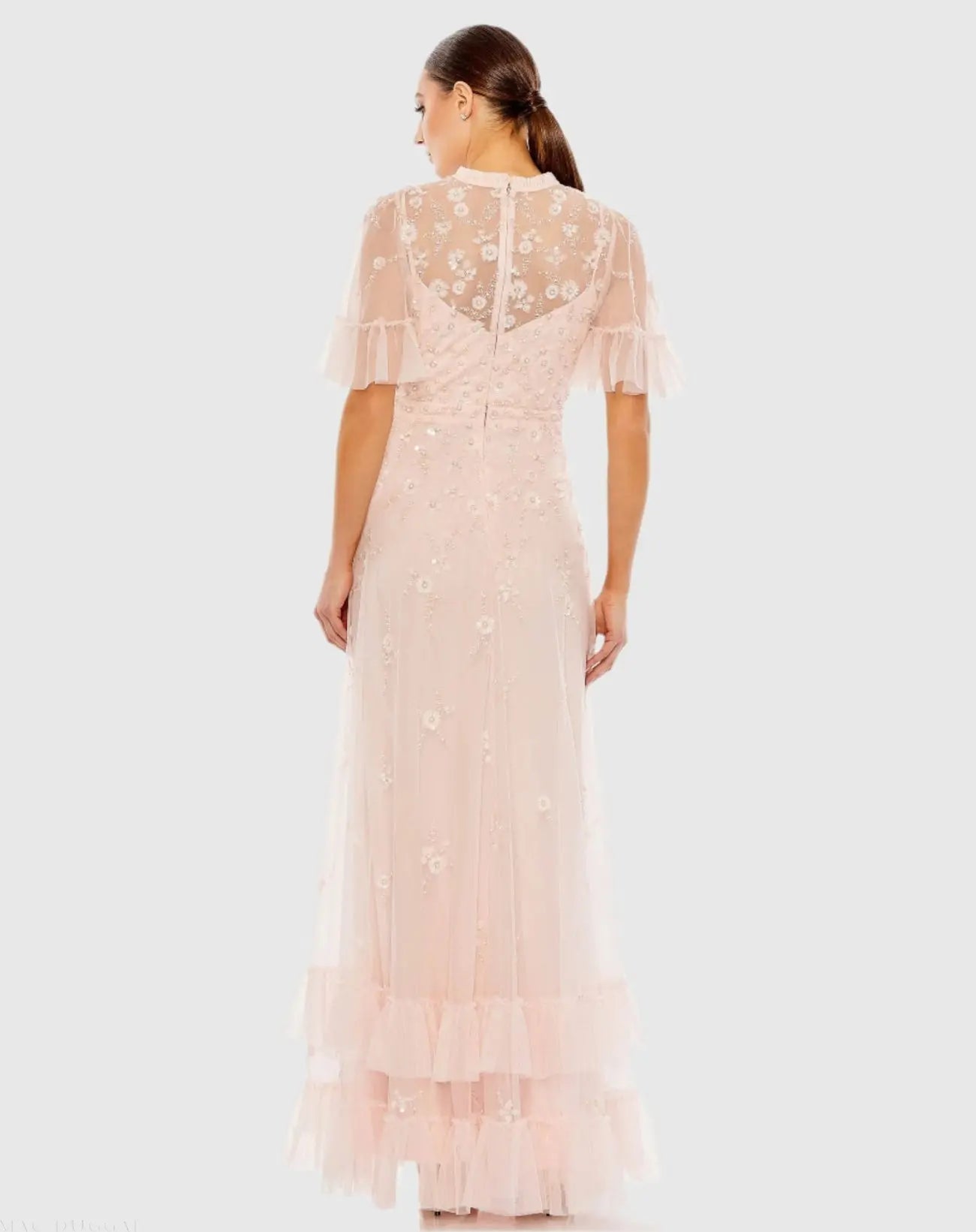 Light Pink Floral Embellished Flutter Sleeve A-Line Gown | Mac Duggal Light Pink Floral Embellished Flutter Sleeve A-Line Gown | Mac Duggal