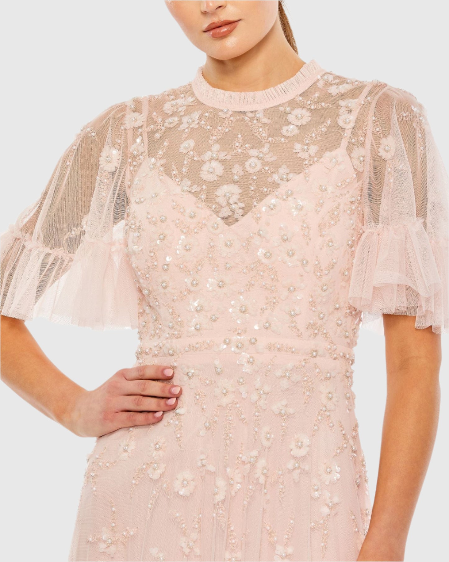 Light Pink Ruffled Floral Embellished Flutter Sleeve A Line Gown