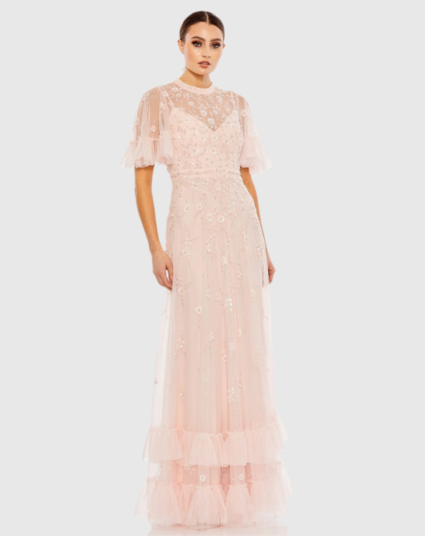 Pink Ruffled Floral Embellished Flutter Sleeve A Line Gown 