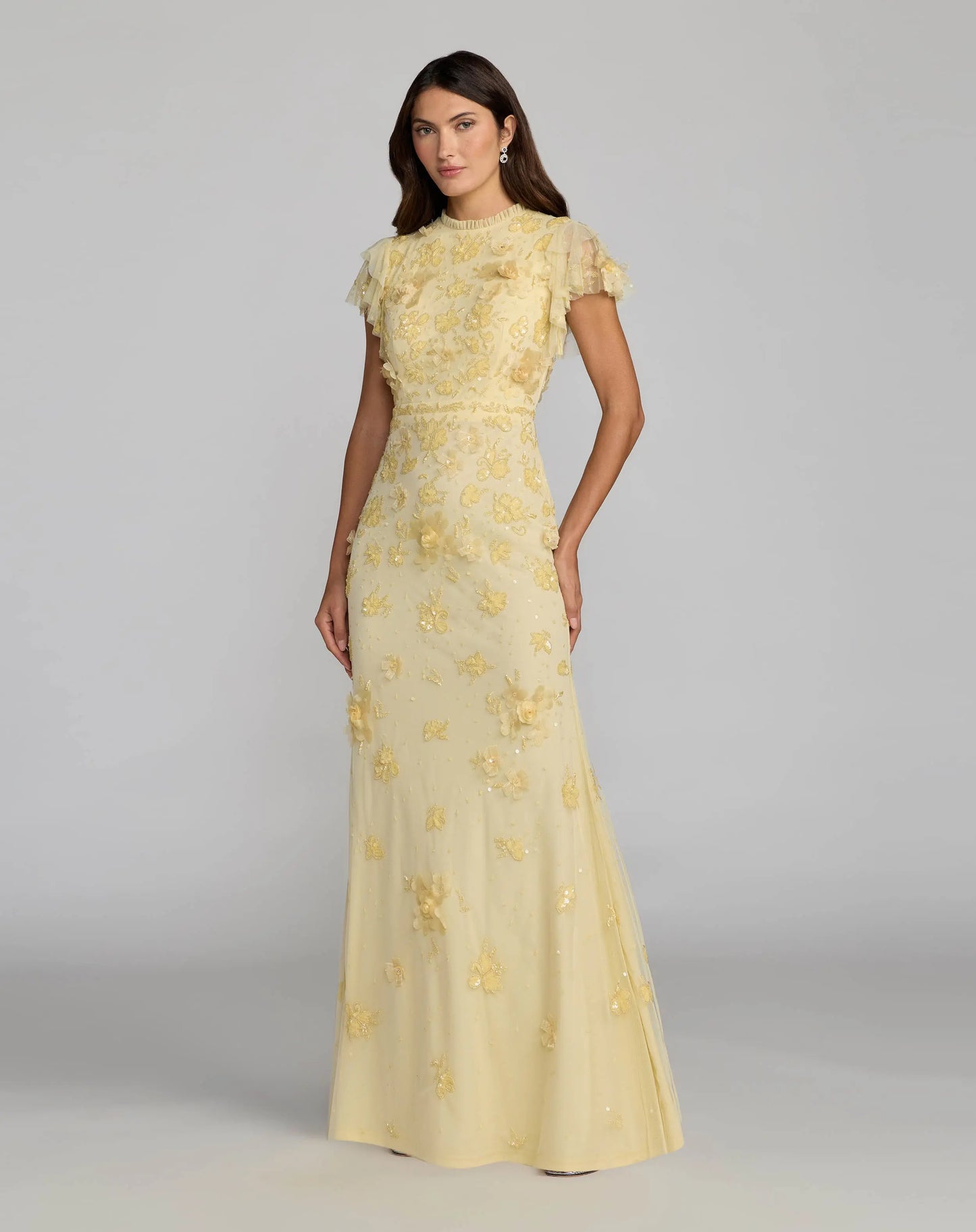 Yellow Floral Embellished High Neck Flutter Sleeve Gown Mac Duggal