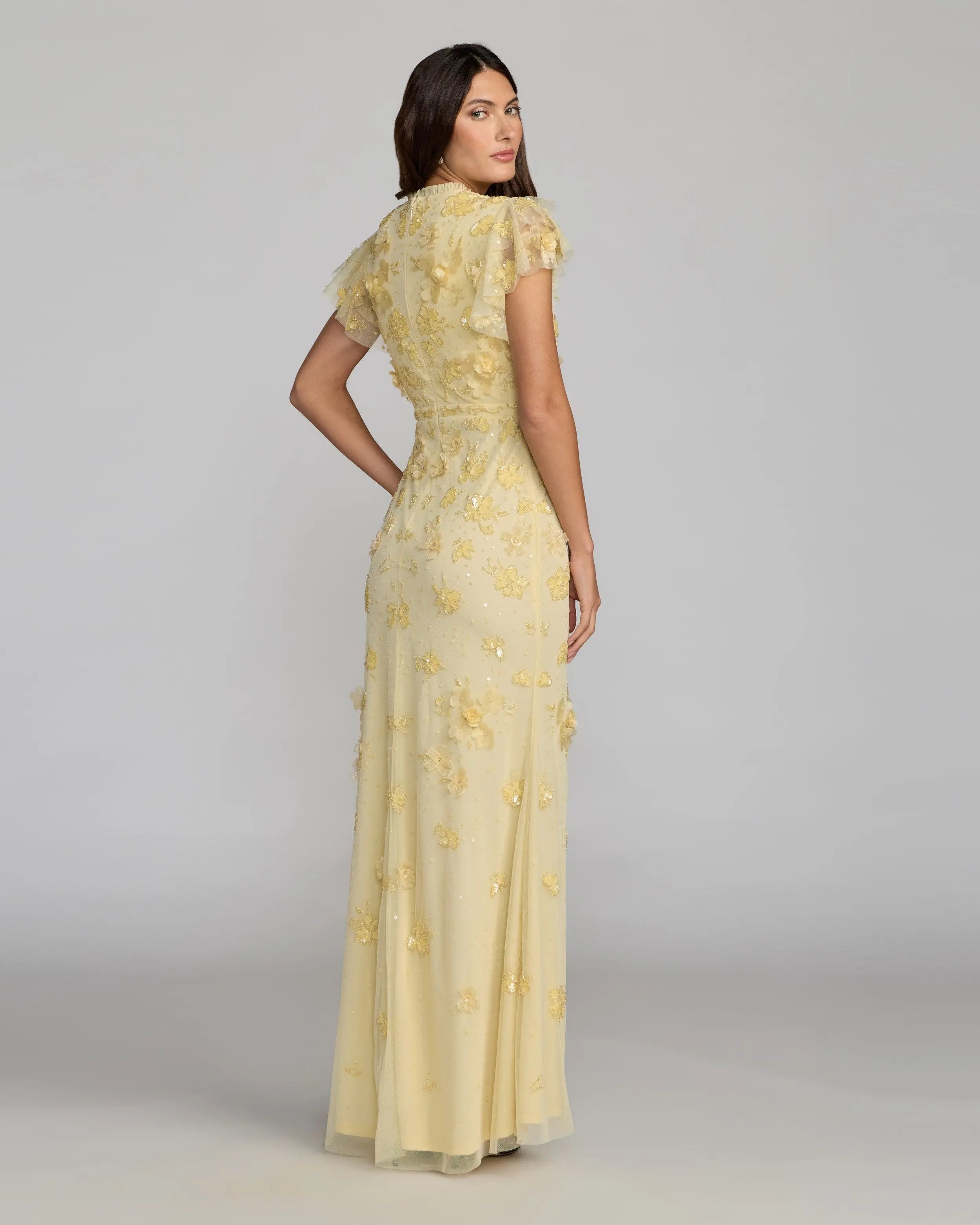 Yellow Floral Embellished High Neck Flutter Sleeve Gown Mac Duggal