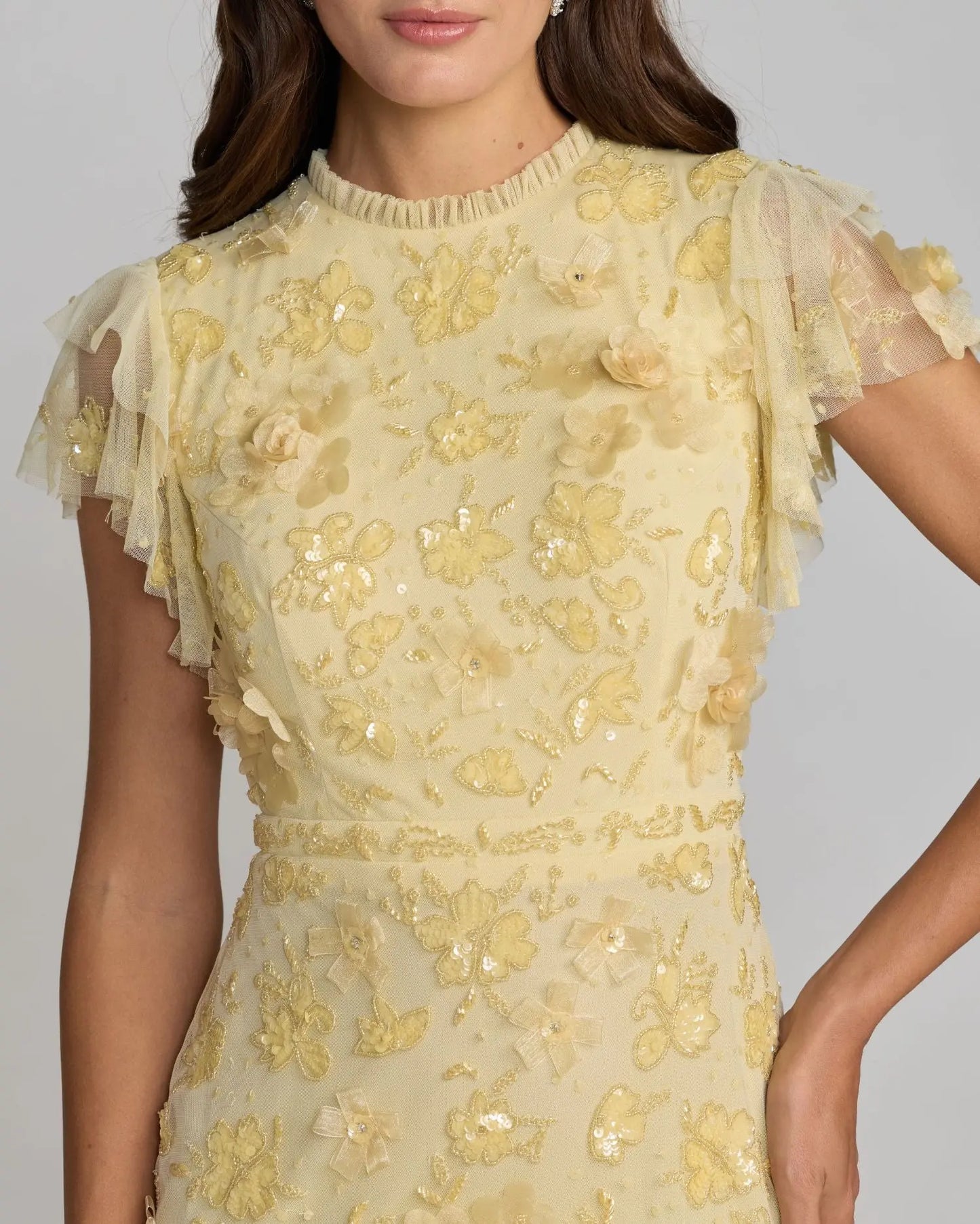 Yellow Floral Embellished High Neck Flutter Sleeve Gown Mac Duggal