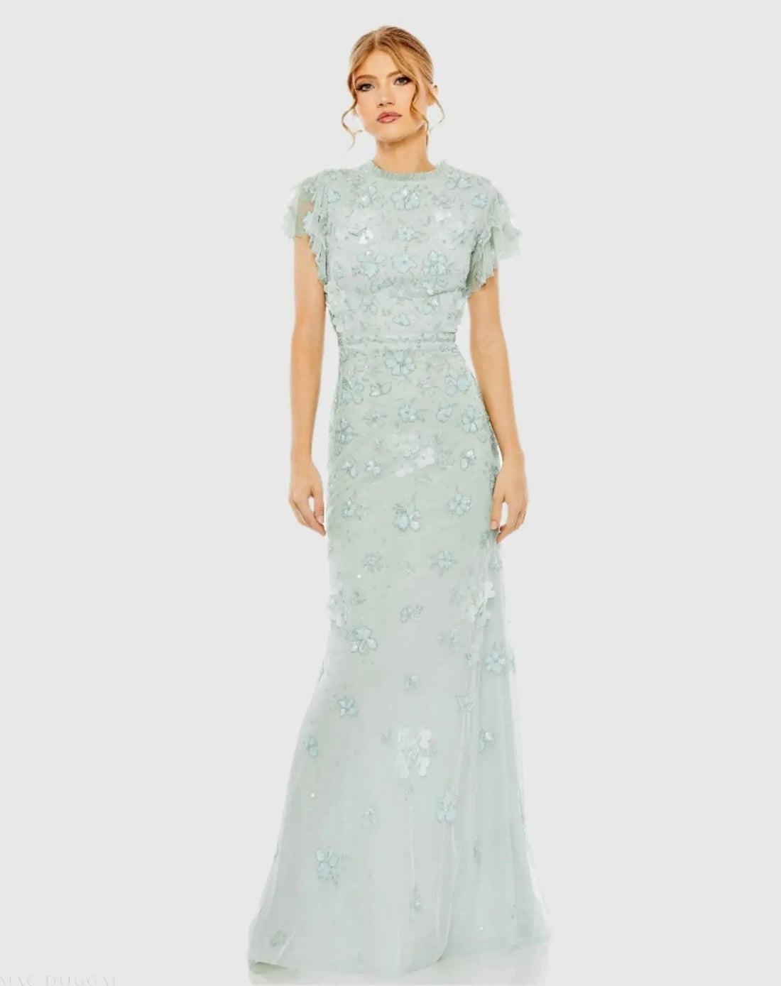 Blue Floral Embellished High Neck Flutter Sleeve Gown - Mac Duggal