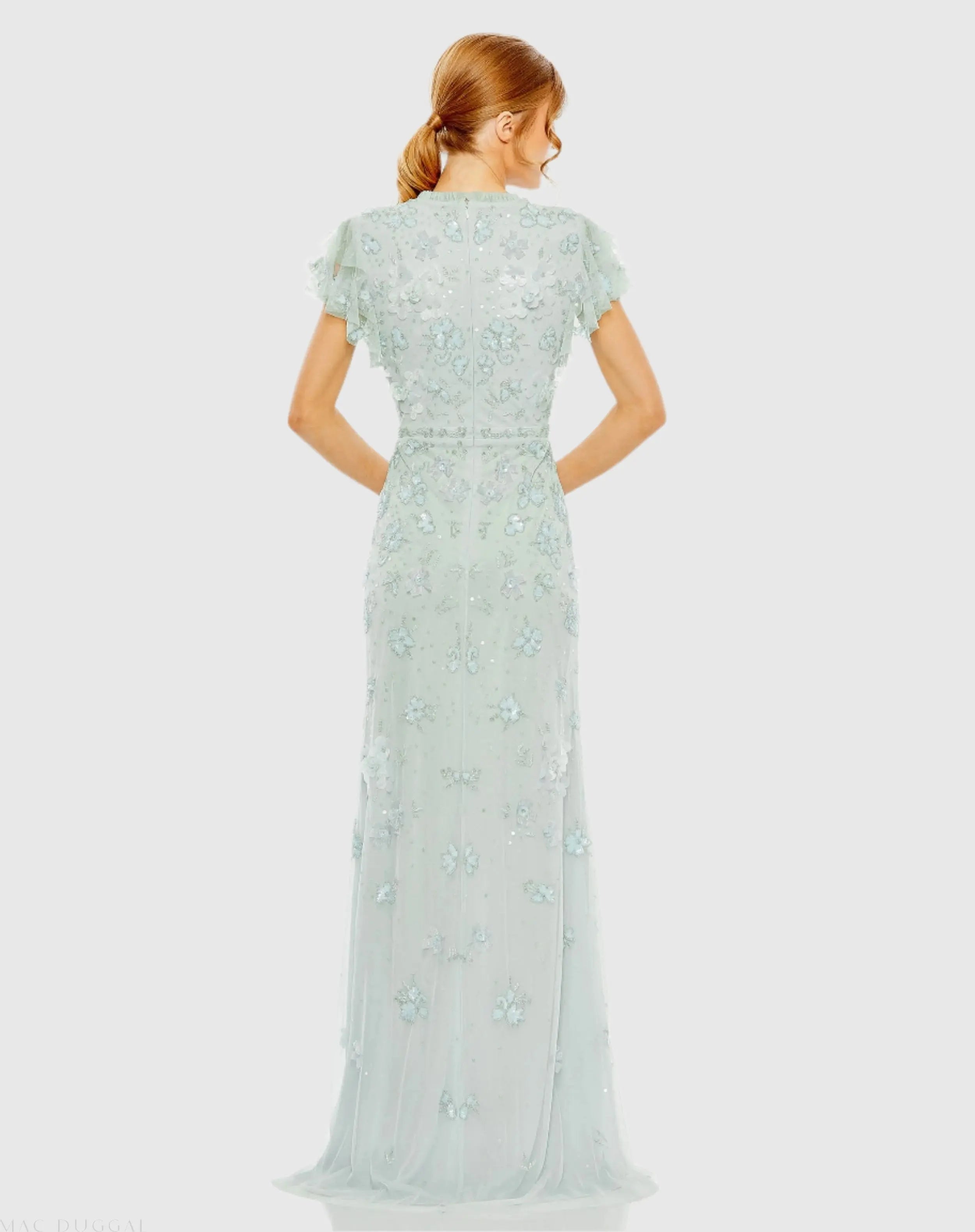 Blue Floral Embellished High Neck Flutter Sleeve Gown - Mac Duggal