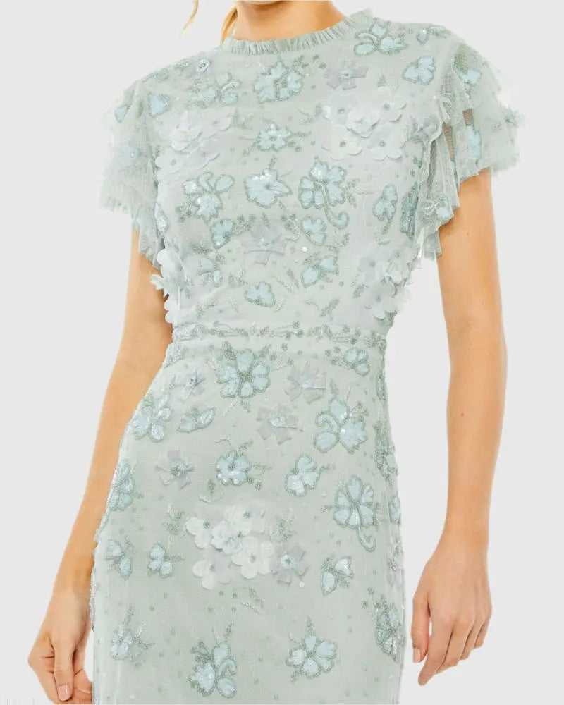 Blue Floral Embellished High Neck Flutter Sleeve Gown - Mac Duggal