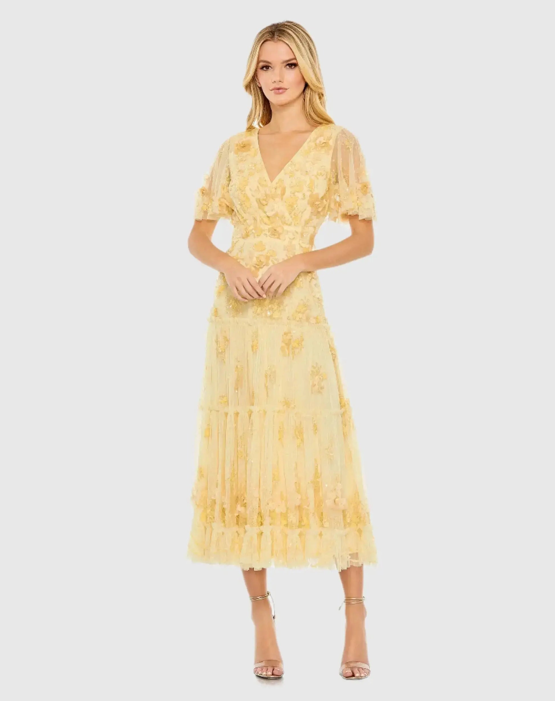 Yellow Floral Embellished Flutter Sleeve Dress | Mac Duggal Yellow Floral Embellished Flutter Sleeve Dress | Mac Duggal