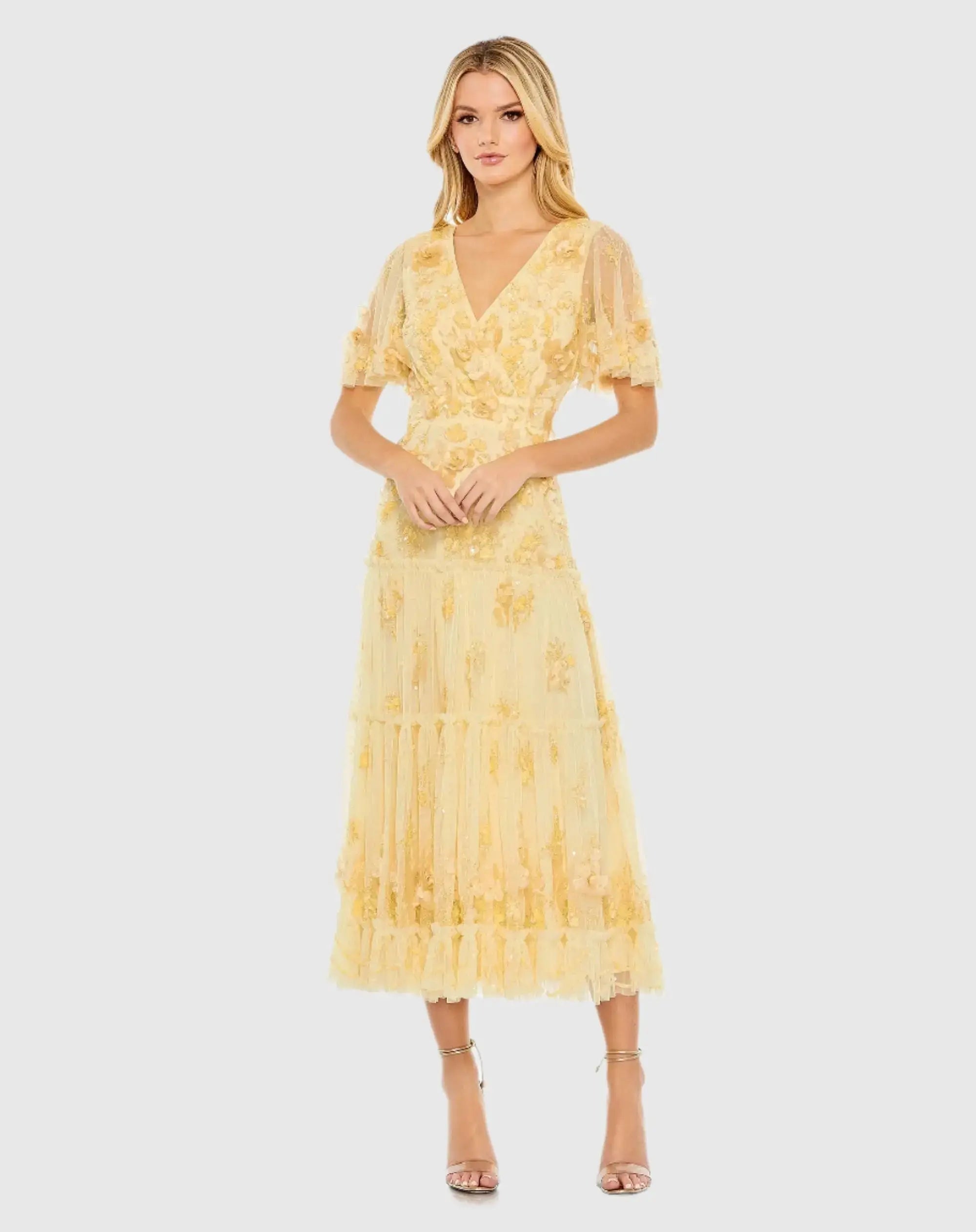 Yellow Floral Embellished Flutter Sleeve Tiered Dress - Mac Duggal