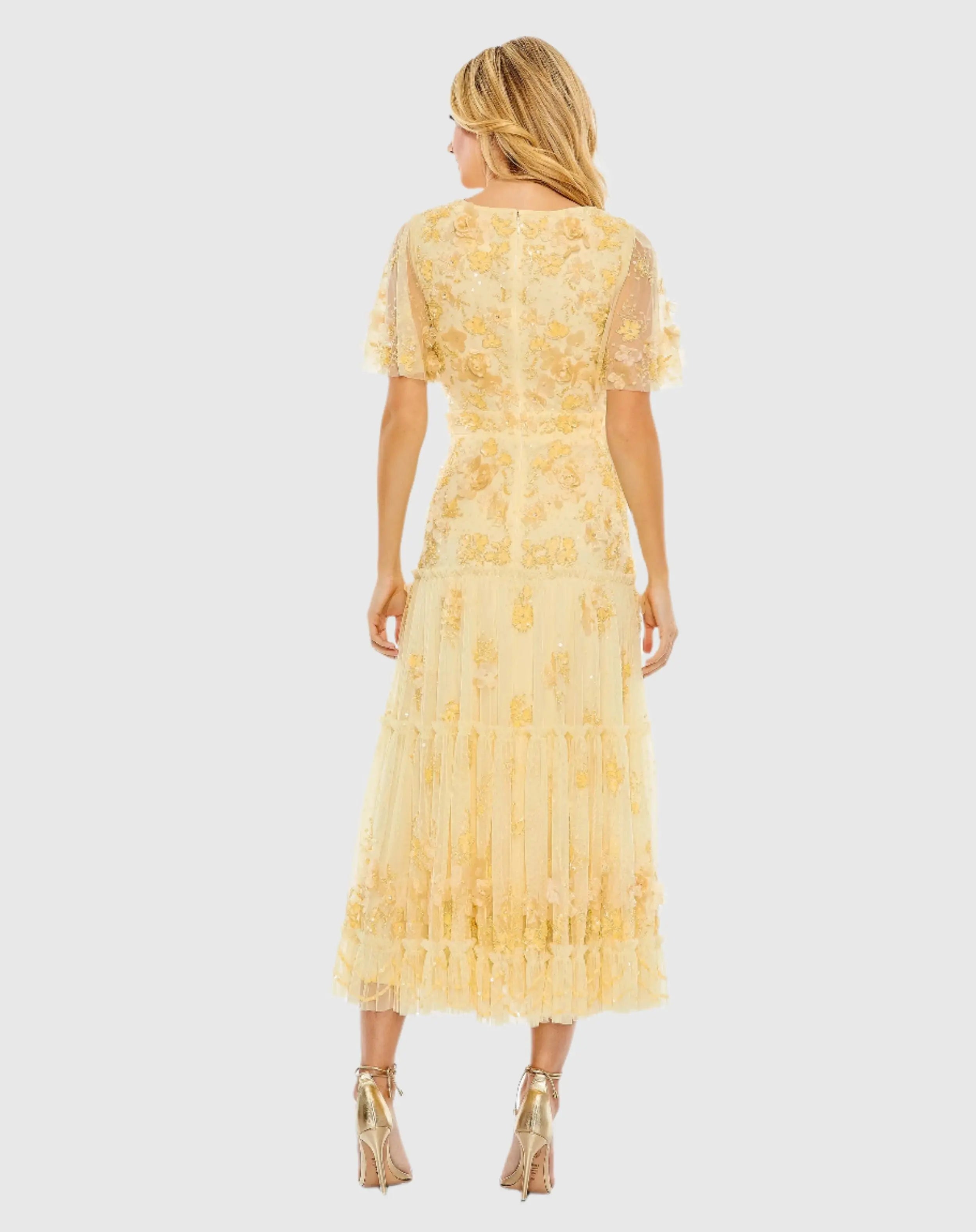 Yellow Floral Embellished Flutter Sleeve Tiered Dress - Mac Duggal