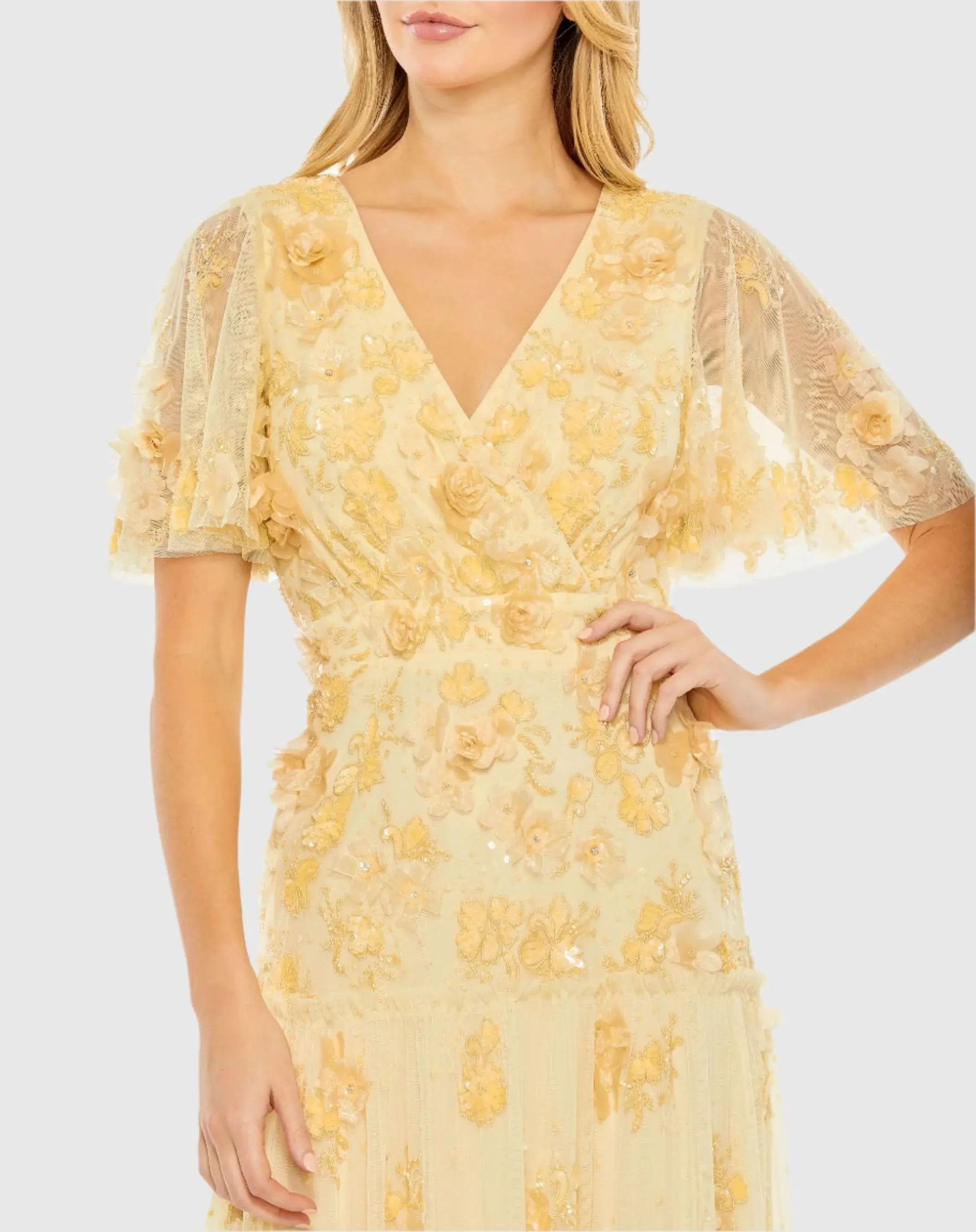 Yellow Floral Embellished Flutter Sleeve Tiered Dress - Mac Duggal