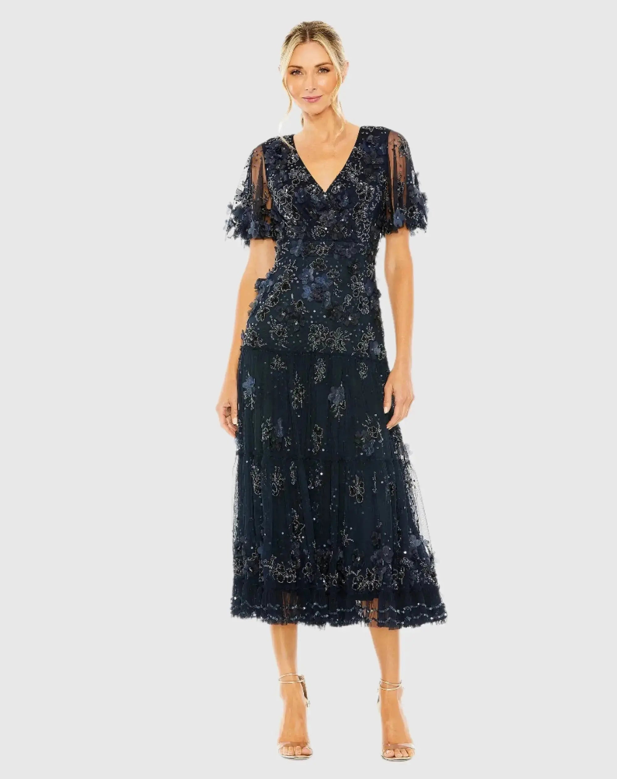 mac duggal embroidered flutter sleeve midi dress Blue Embroidered Flutter Sleeve Midi Dress