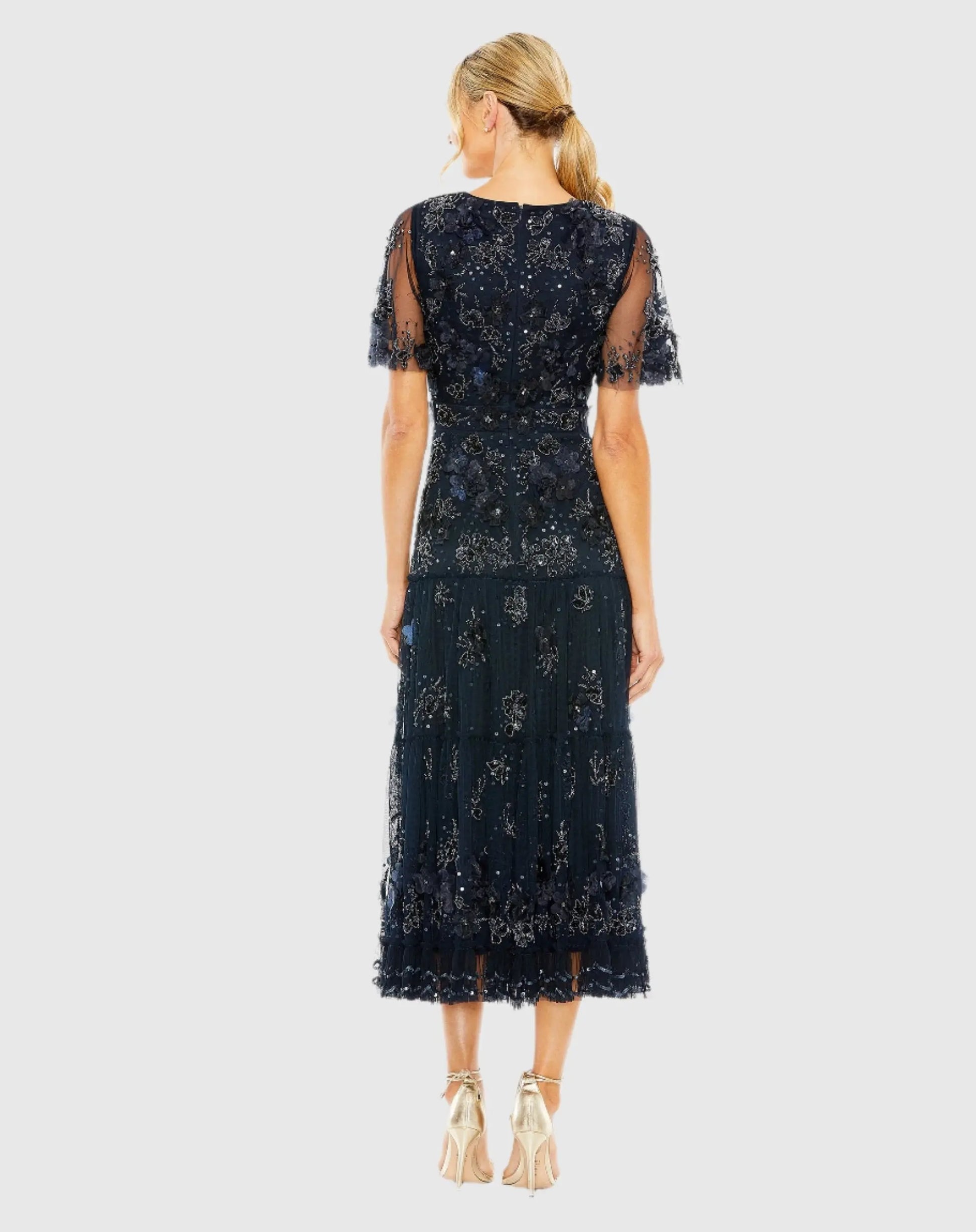 Navy Floral Embellished Flutter Sleeve Tiered Dress - Mac Duggal