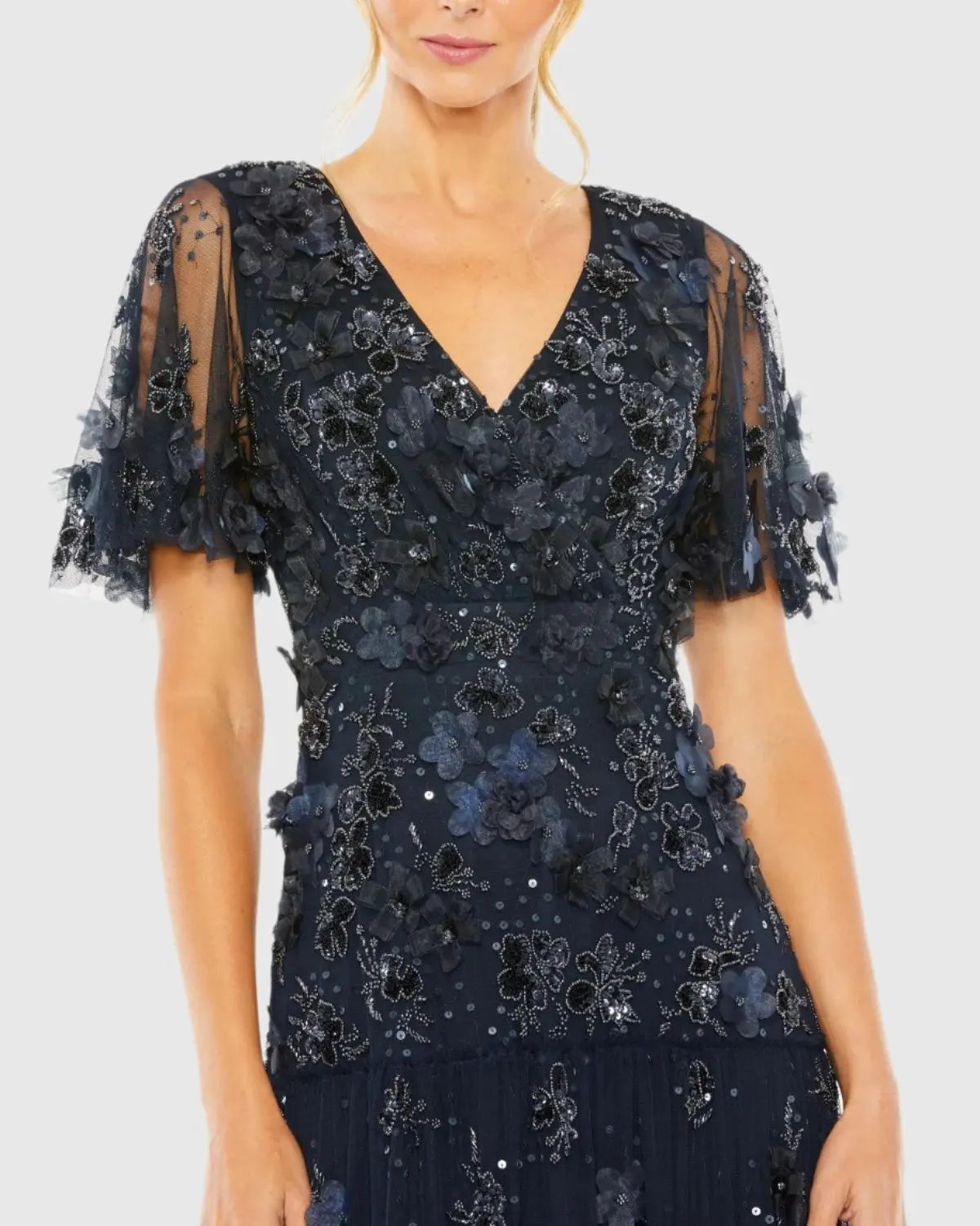 mac duggal embroidered flutter sleeve midi dress Flutter Sleeve Embroidered Midi Dress