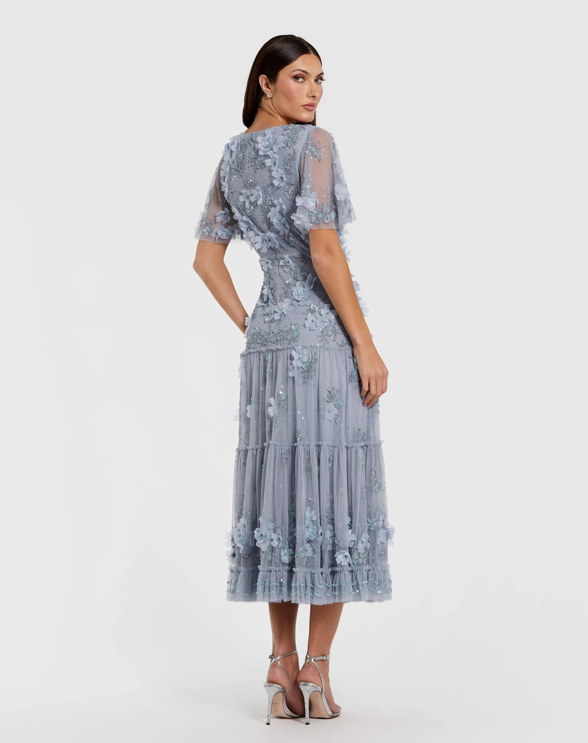 Blue Floral Embellished Flutter Sleeve Dress - Mac Duggal