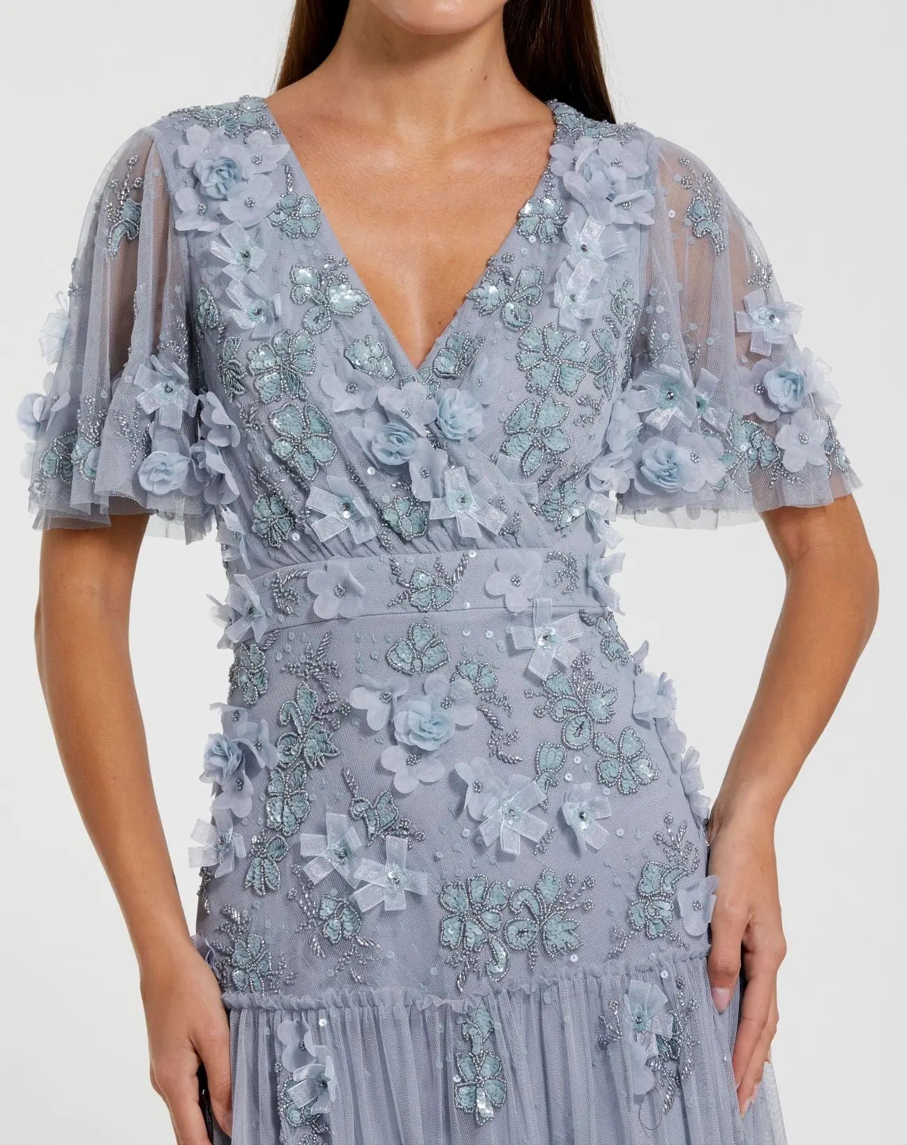 Blue Floral Embellished Flutter Sleeve Dress