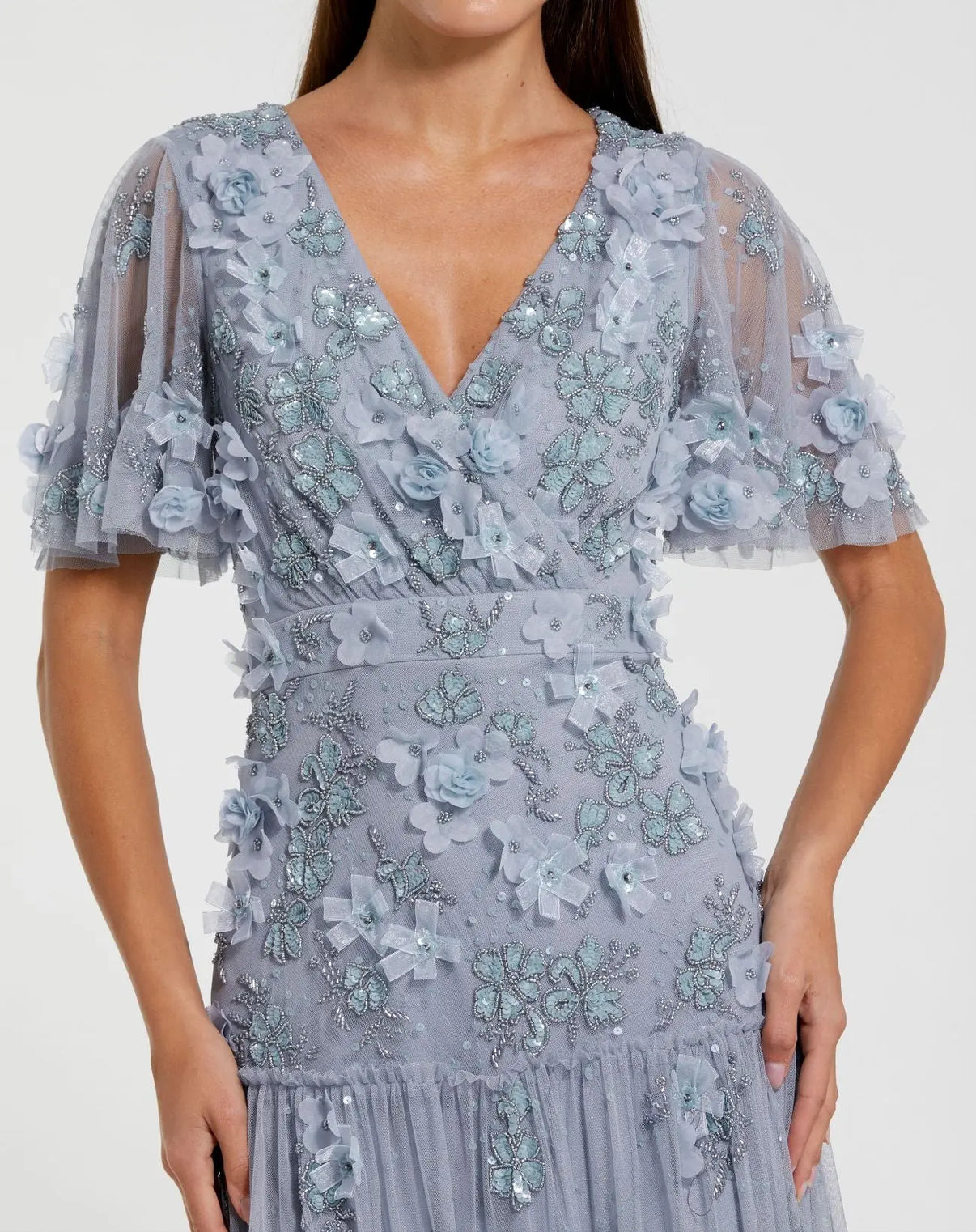 Blue Floral Embellished Flutter Sleeve Dress